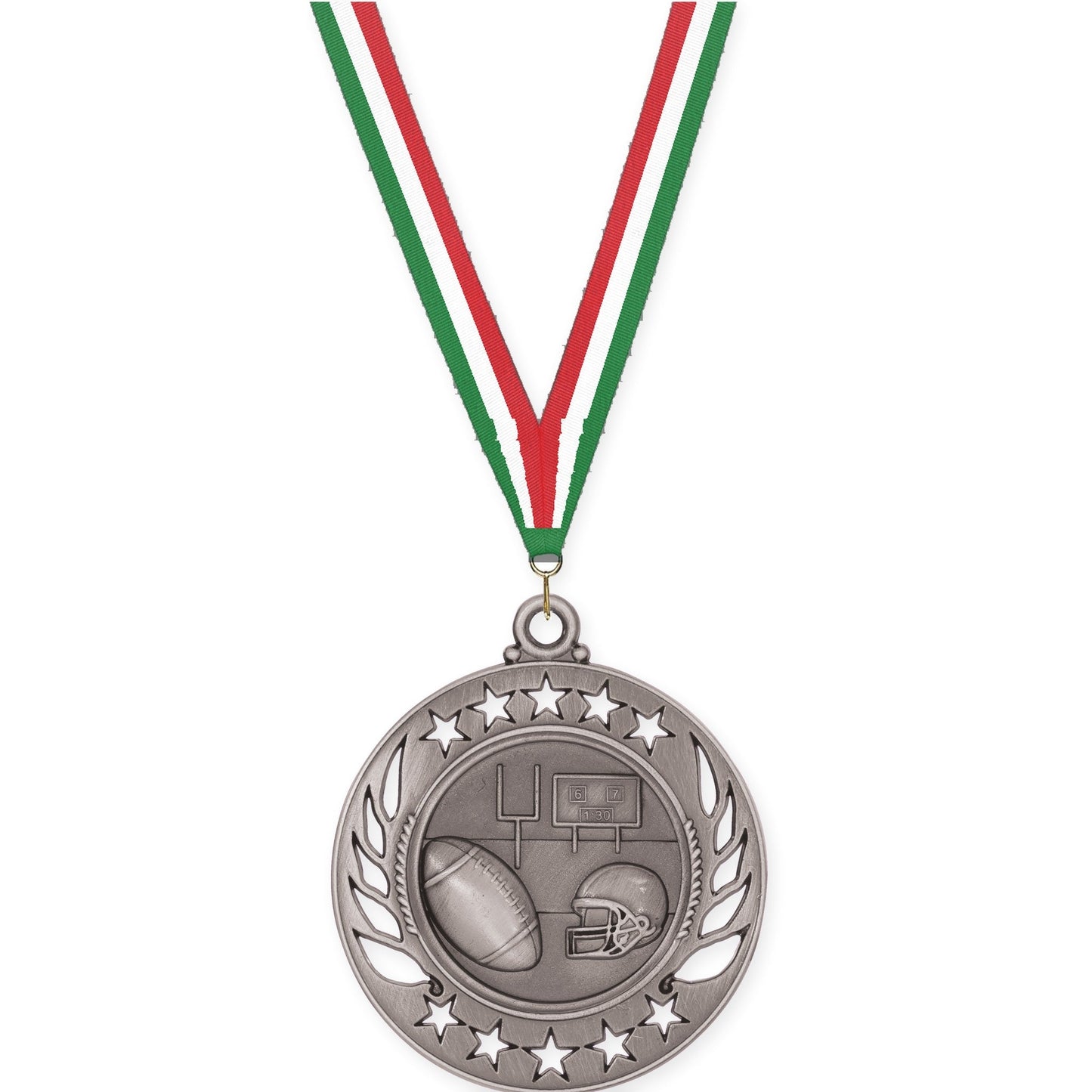 2 1/4 inch football Galaxy medal in bright silver with Green White Red neck ribbon