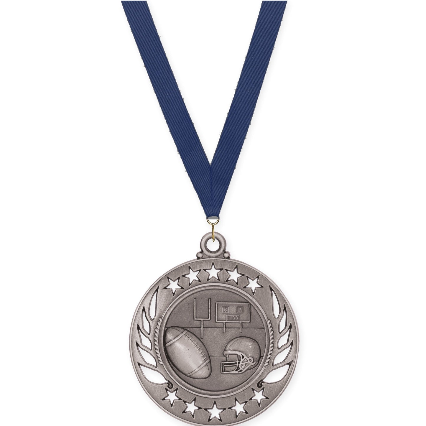 2 1/4 inch football Galaxy medal in bright silver with Navy neck ribbon