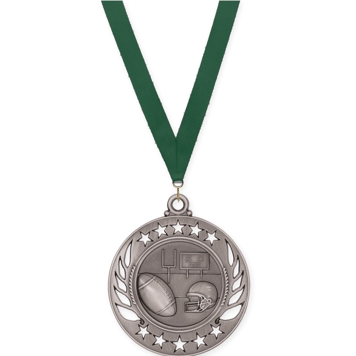 2 1/4 inch football Galaxy medal in bright silver with Hunter Green neck ribbon
