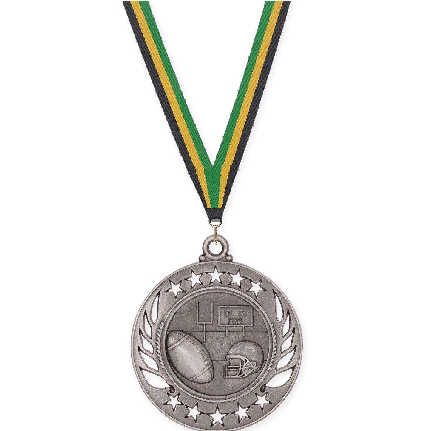 2 1/4 inch football Galaxy medal in bright silver with Black Gold Green neck ribbon