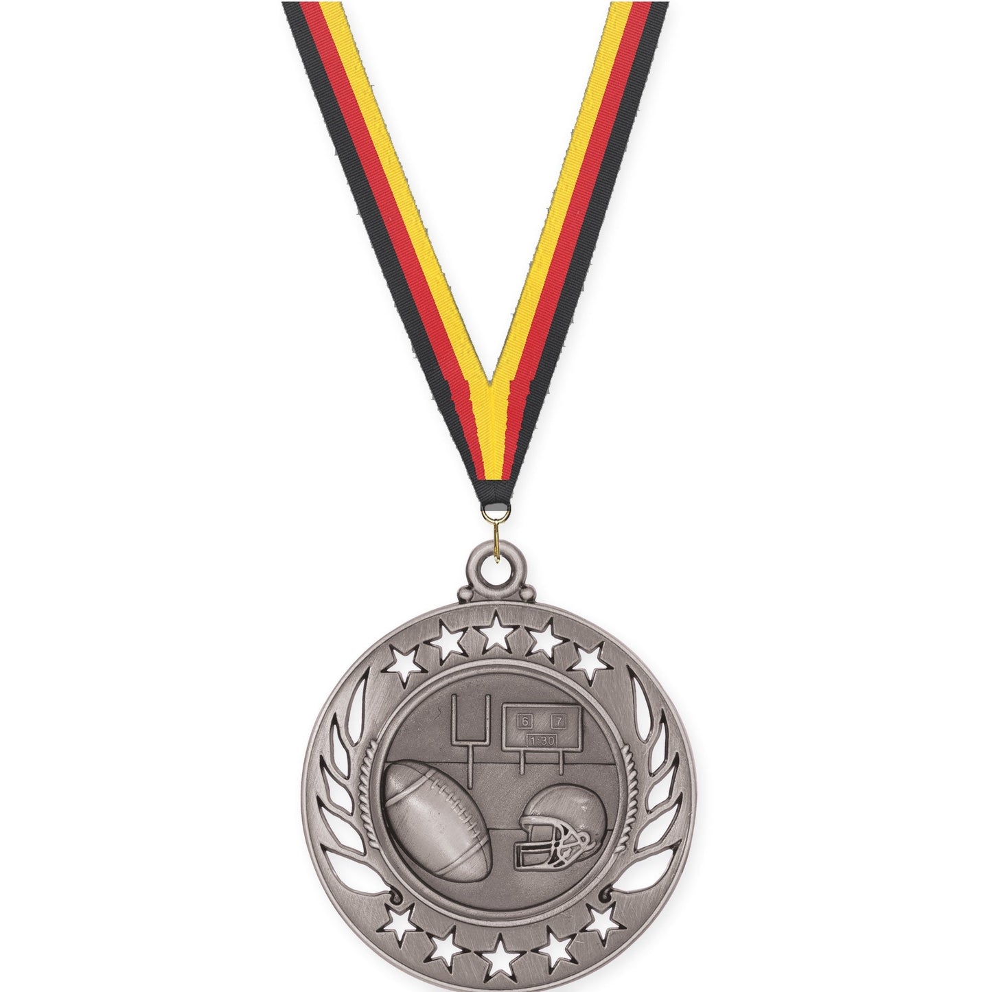 2 1/4 inch football Galaxy medal in bright silver with Black Red Yellow neck ribbon