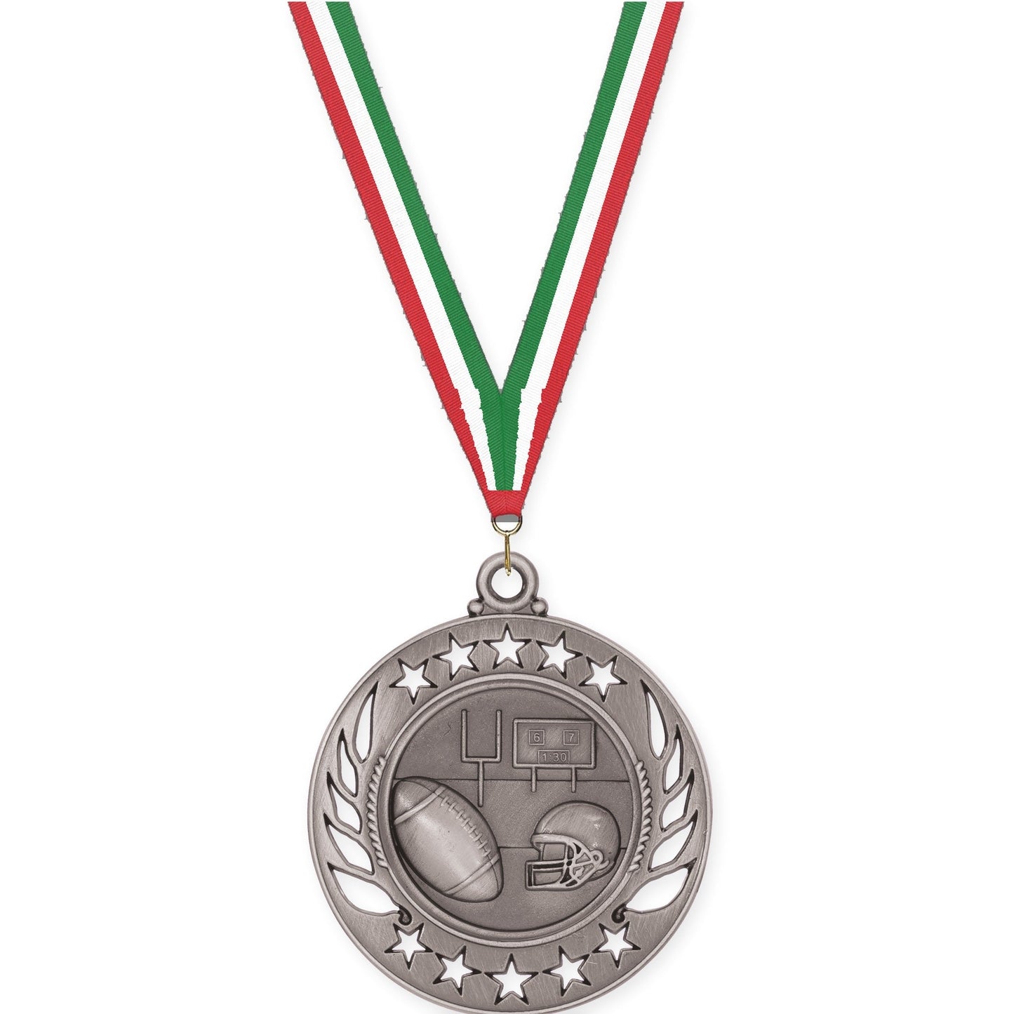 2 1/4 inch football Galaxy medal in bright silver with Red White Green neck ribbon