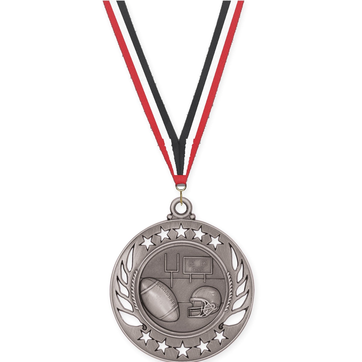 2 1/4 inch football Galaxy medal in bright silver with Red White Black neck ribbon