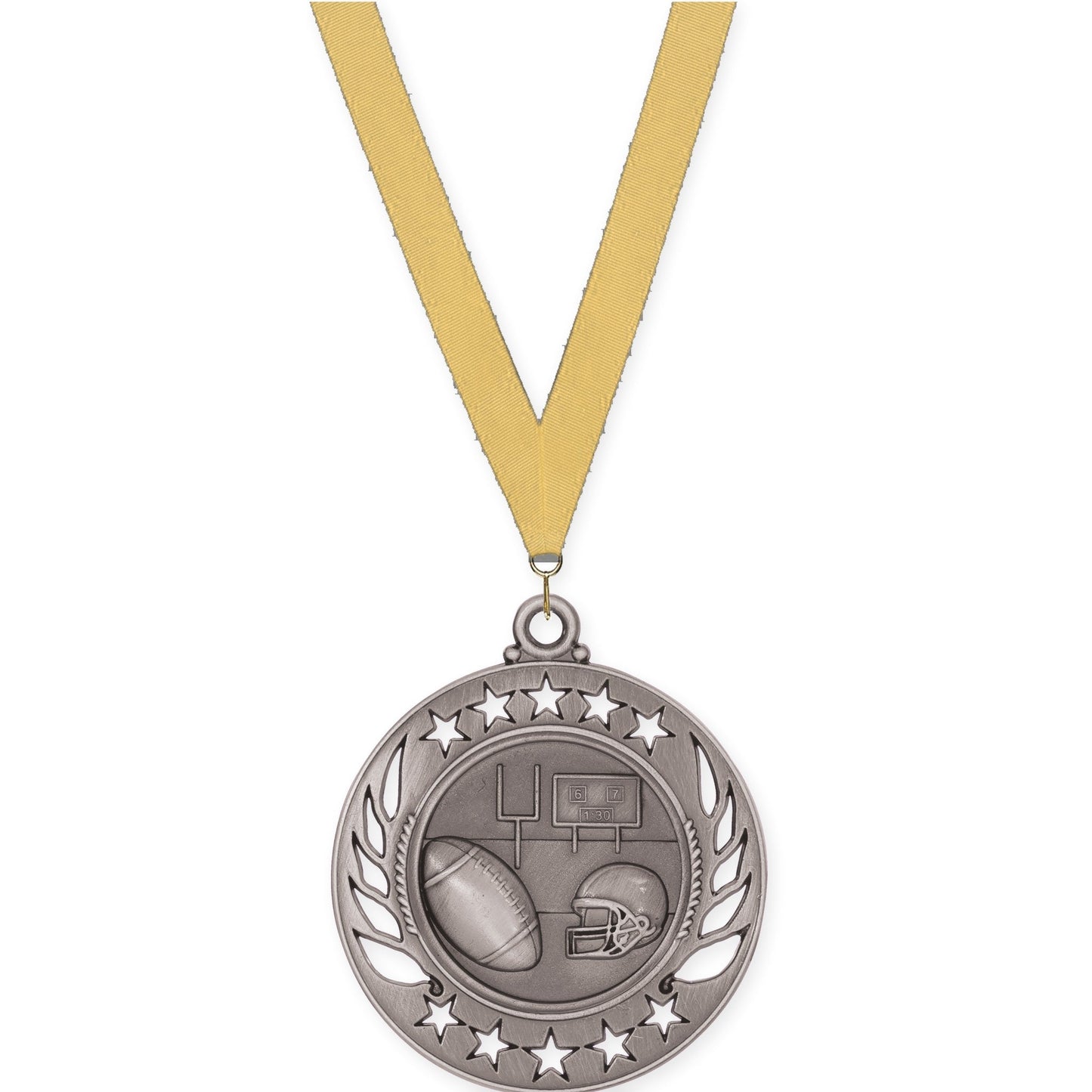 2 1/4 inch football Galaxy medal in bright silver with Gold Metallic neck ribbon