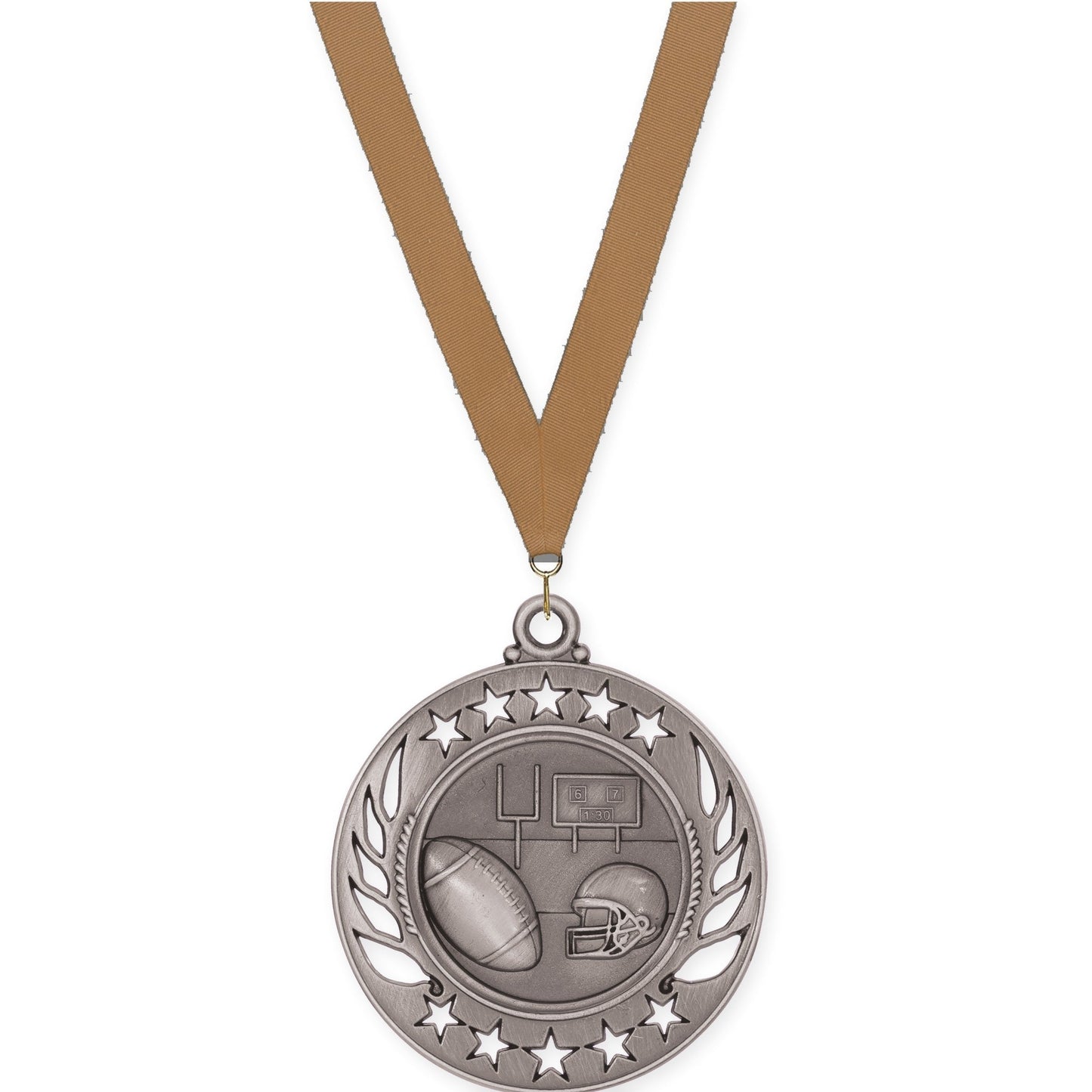 2 1/4 inch football Galaxy medal in bright silver with Bronze Metallic neck ribbon