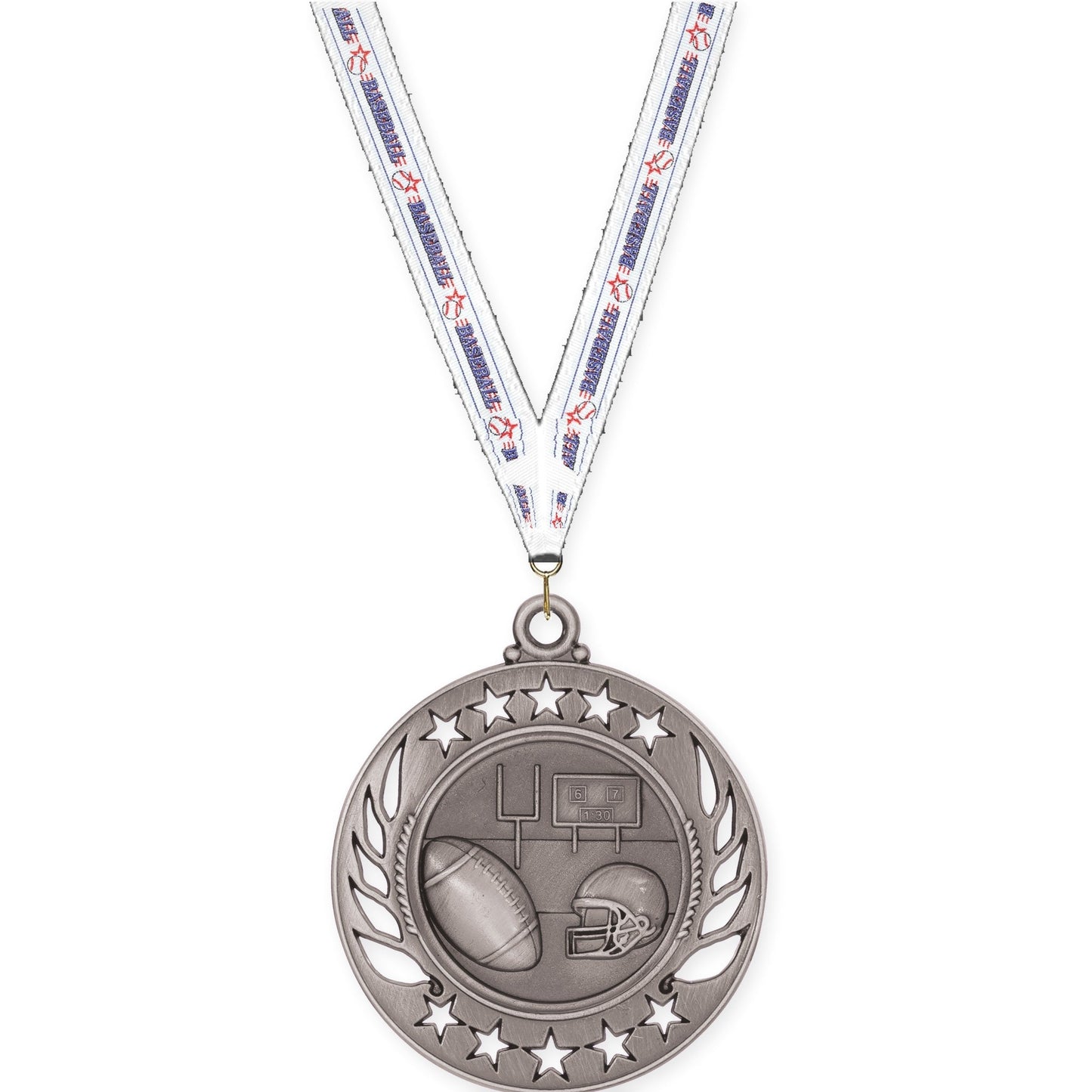 2 1/4 inch football Galaxy medal in bright silver with Baseball neck ribbon