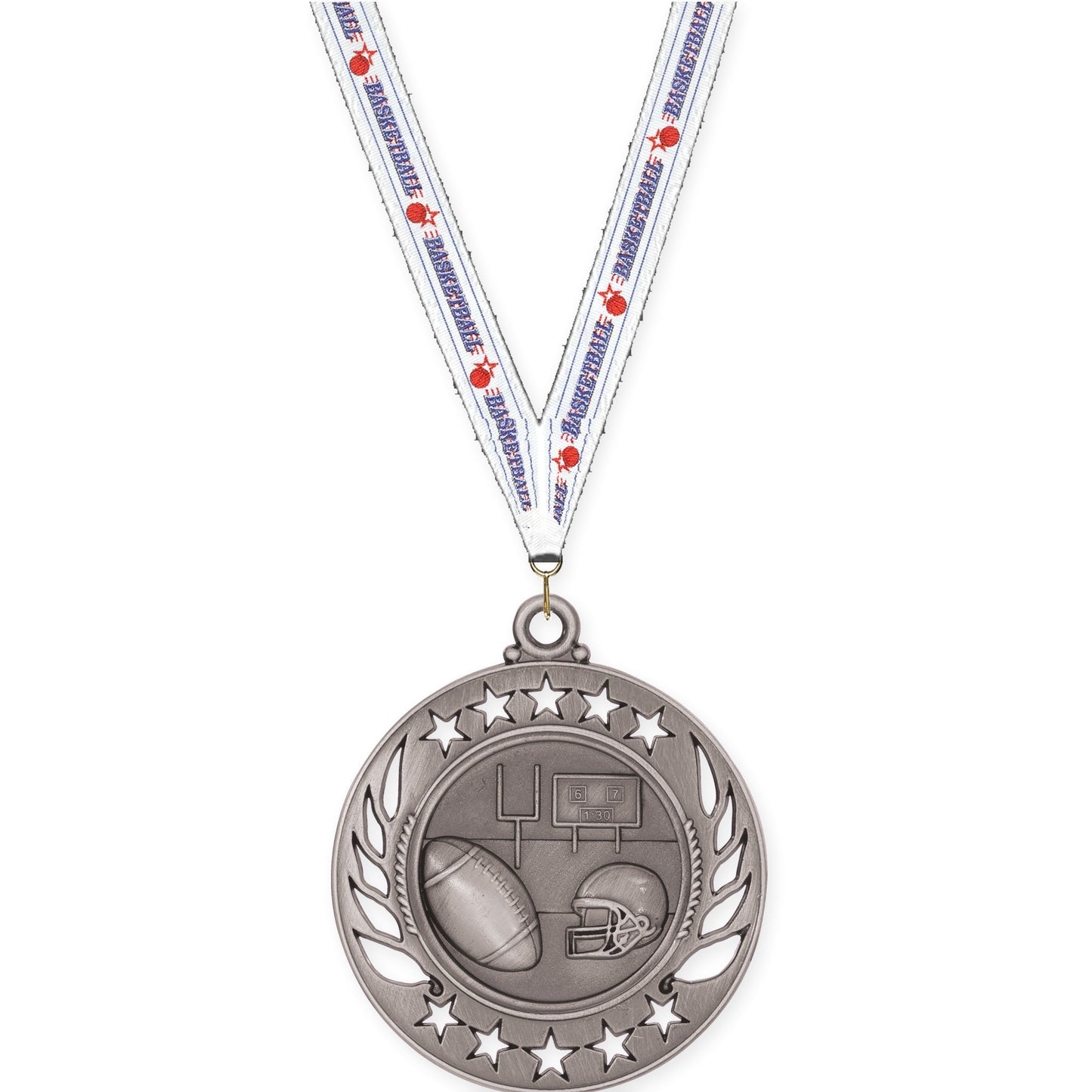 2 1/4 inch football Galaxy medal in bright silver with Basketball neck ribbon