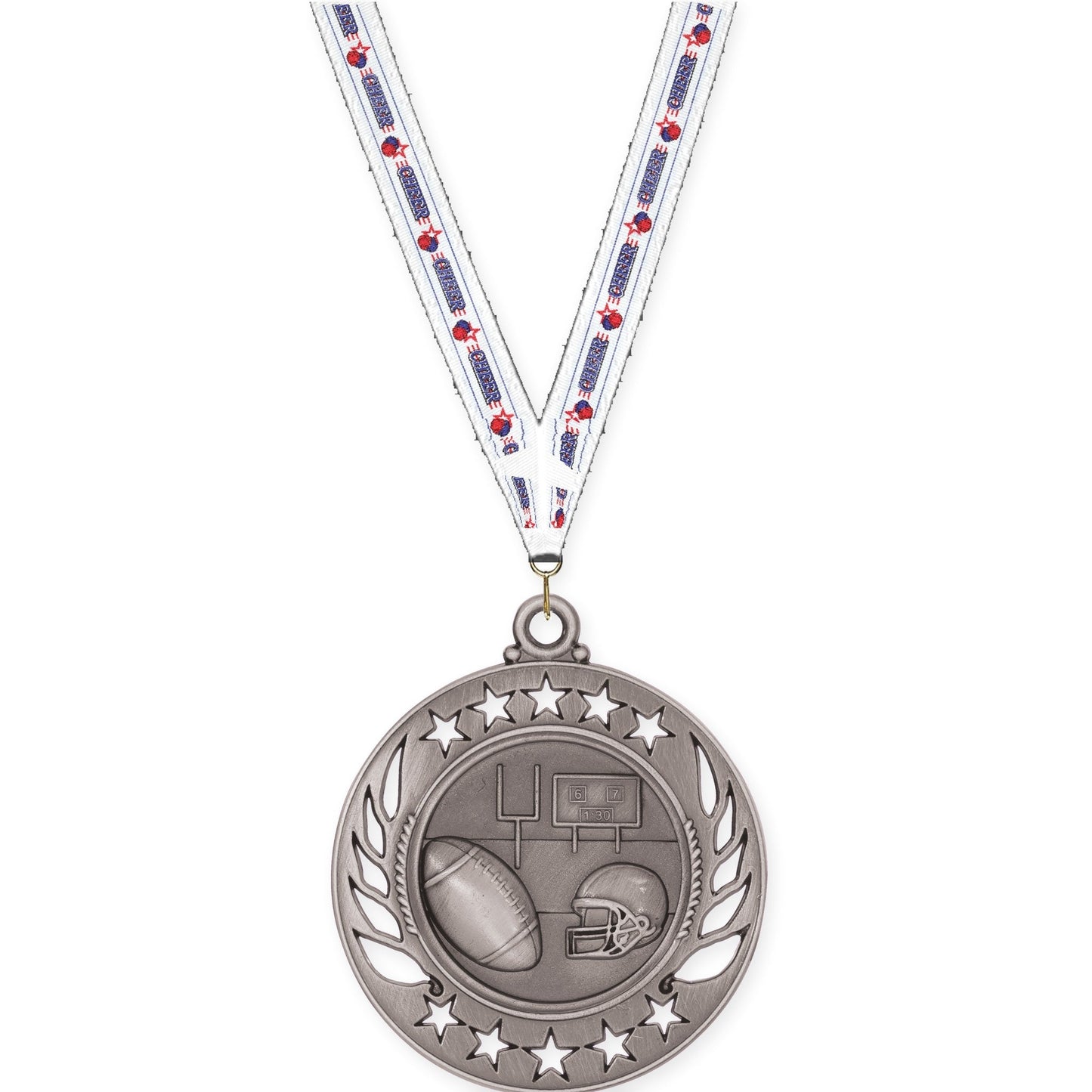2 1/4 inch football Galaxy medal in bright silver with Cheerleading neck ribbon