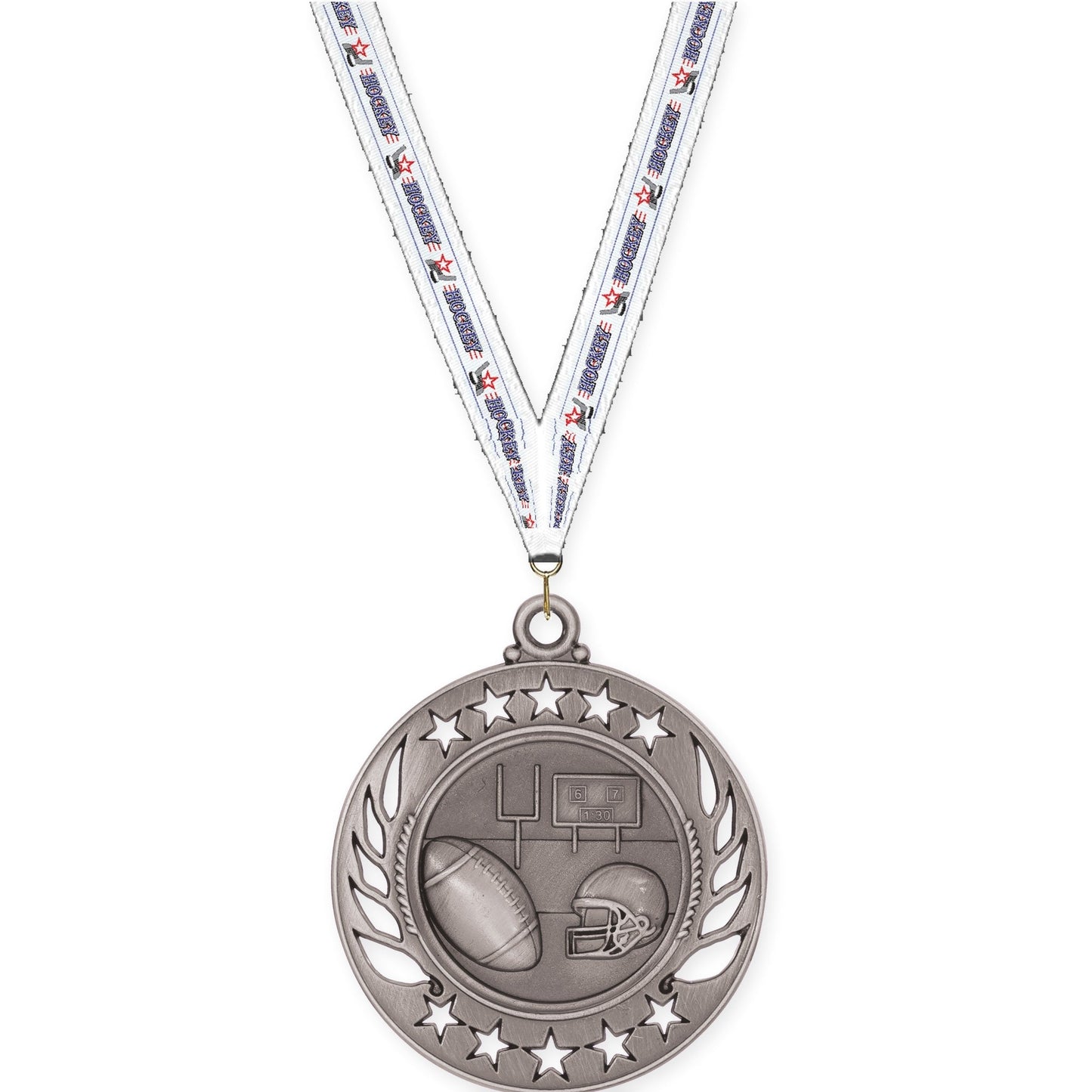2 1/4 inch football Galaxy medal in bright silver with Hockey neck ribbon