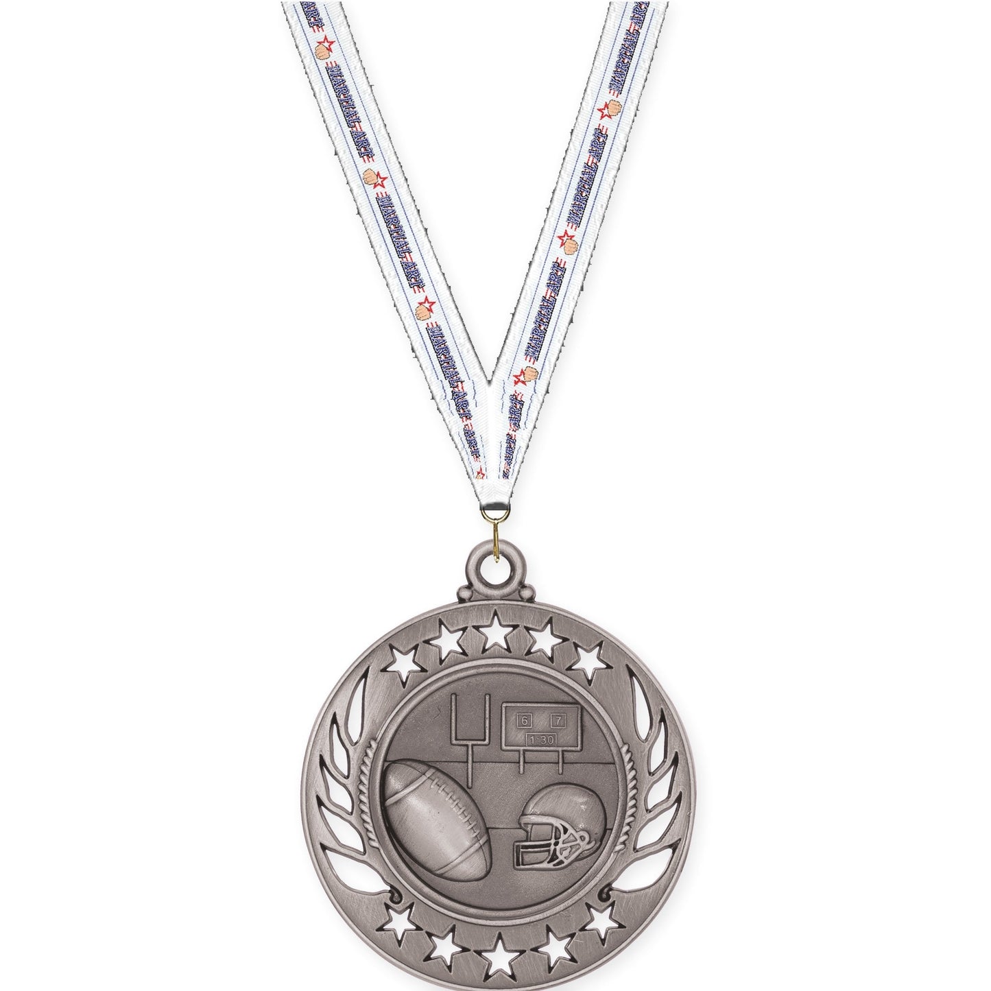 2 1/4 inch football Galaxy medal in bright silver with Martial Arts neck ribbon