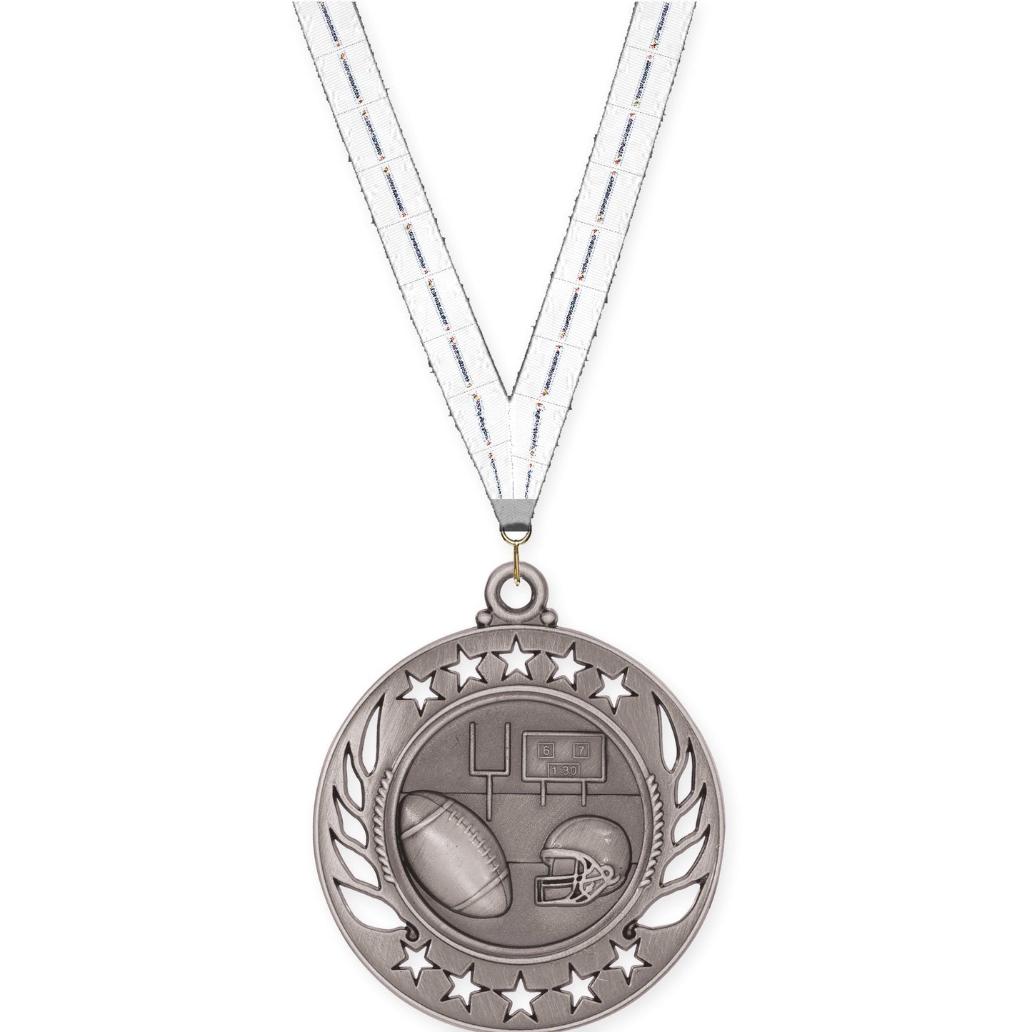 2 1/4 inch football Galaxy medal in bright silver with Lamp Of Knowledge neck ribbon