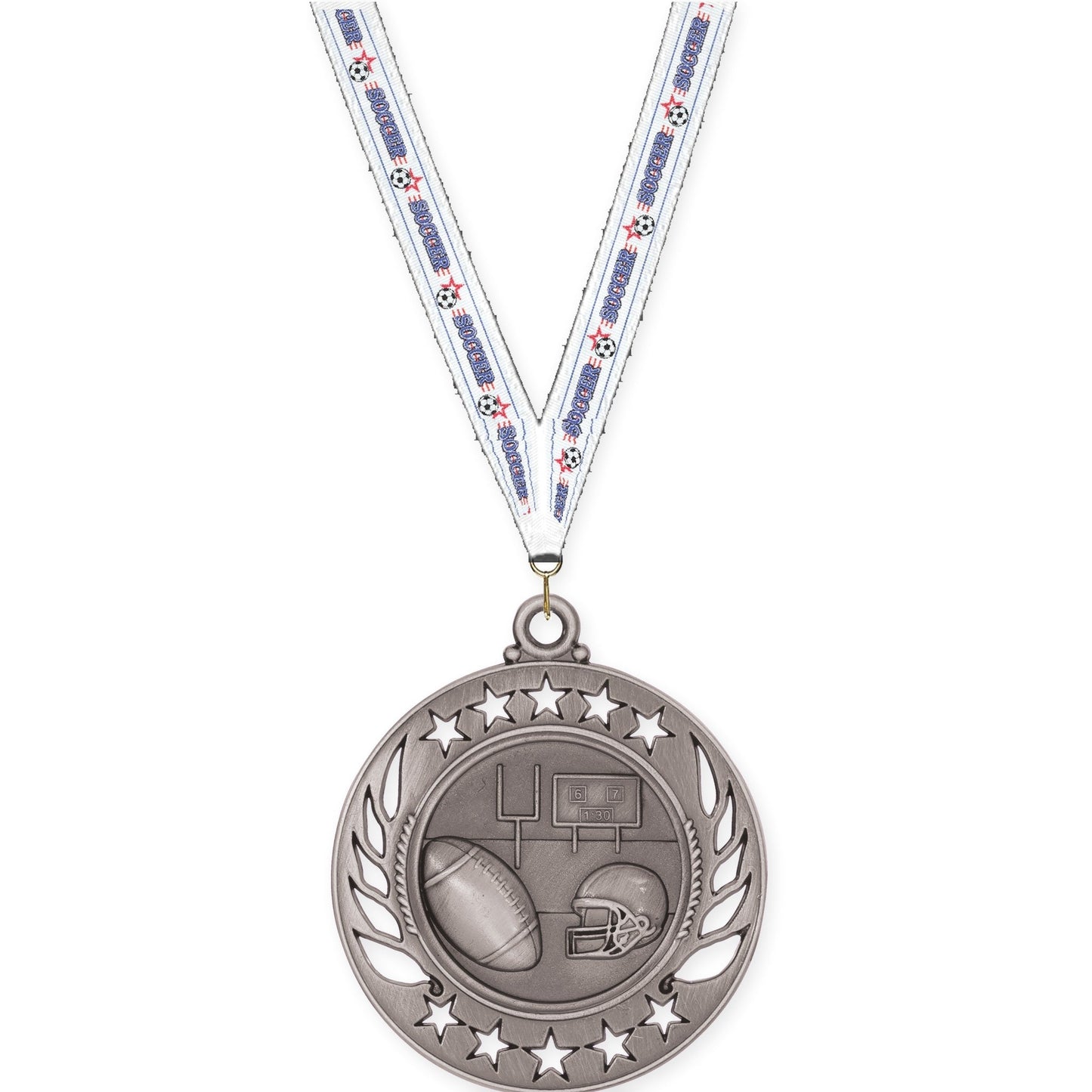 2 1/4 inch football Galaxy medal in bright silver with Soccer neck ribbon