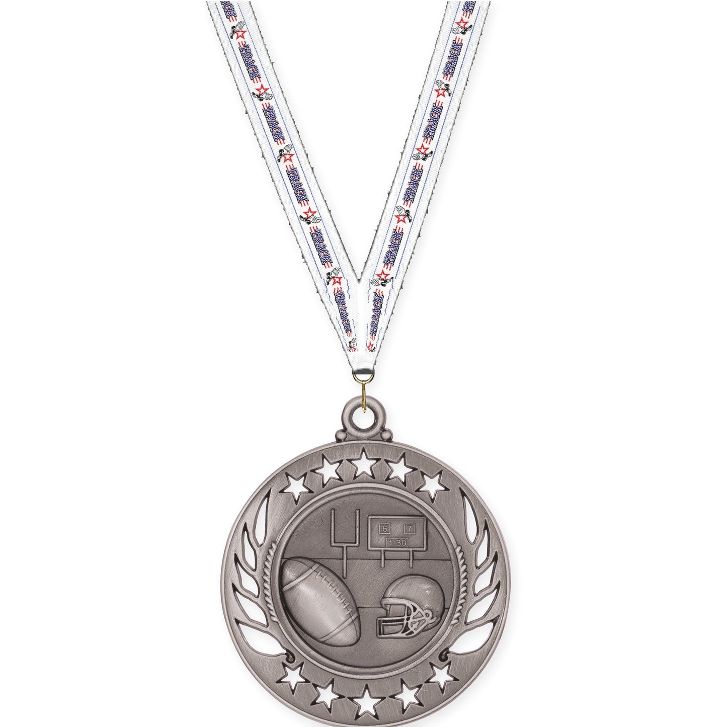 2 1/4 inch football Galaxy medal in bright silver with Track neck ribbon