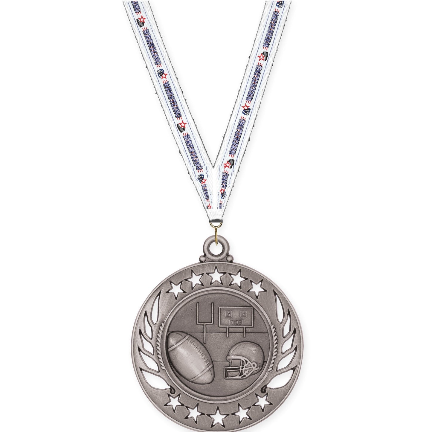 2 1/4 inch football Galaxy medal in bright silver with Wrestling neck ribbon