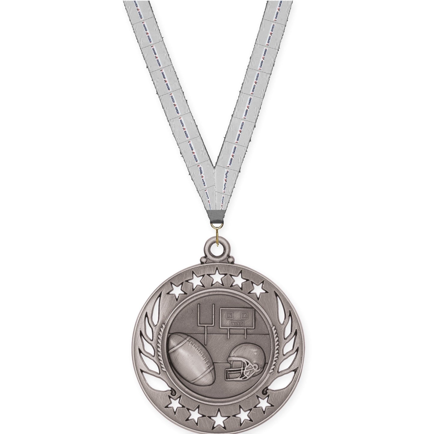 2 1/4 inch football Galaxy medal in bright silver with Auto Racing neck ribbon