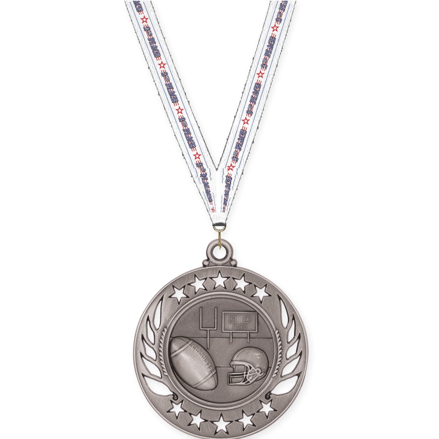 2 1/4 inch football Galaxy medal in bright silver with 2nd Place neck ribbon