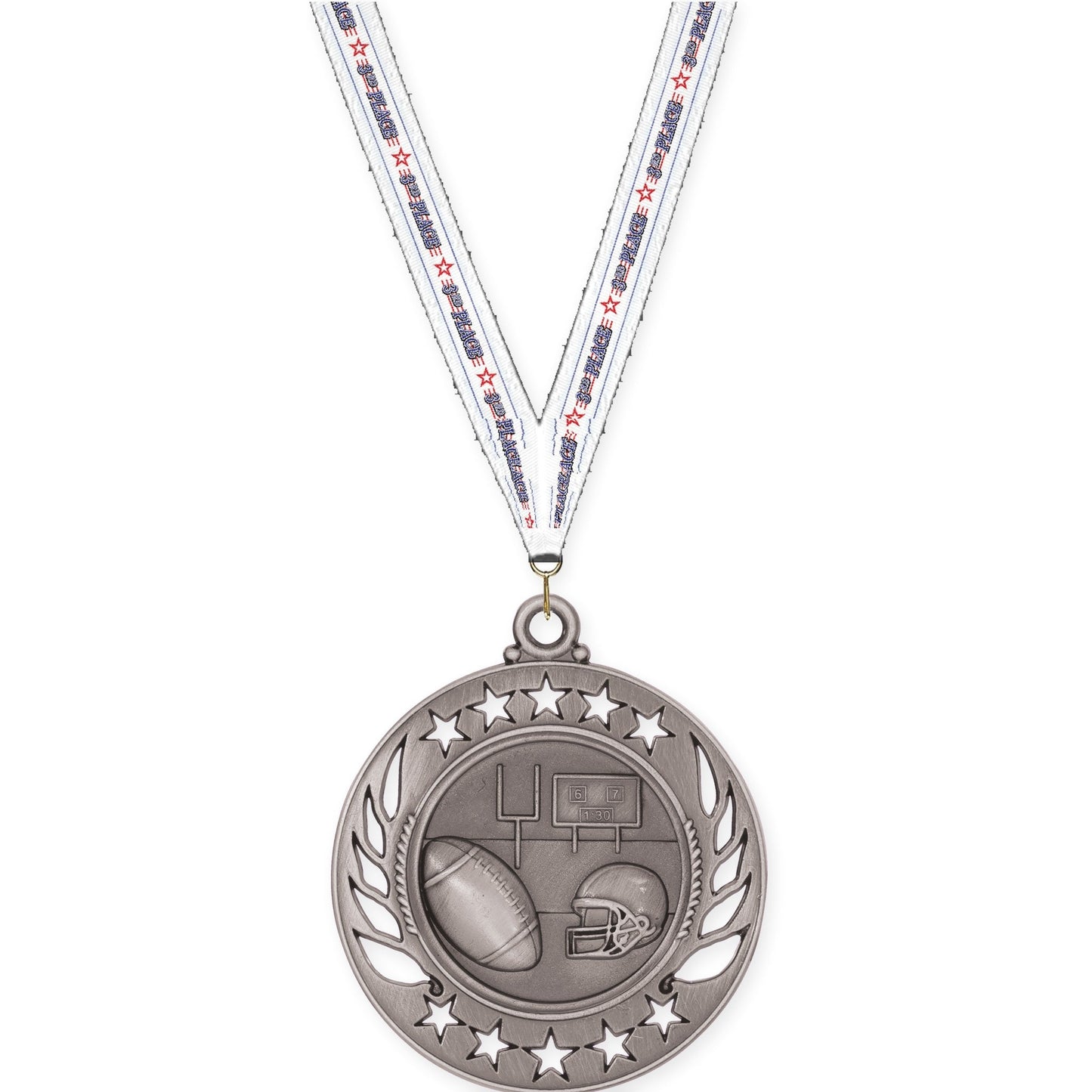 2 1/4 inch football Galaxy medal in bright silver with 3rd Place neck ribbon