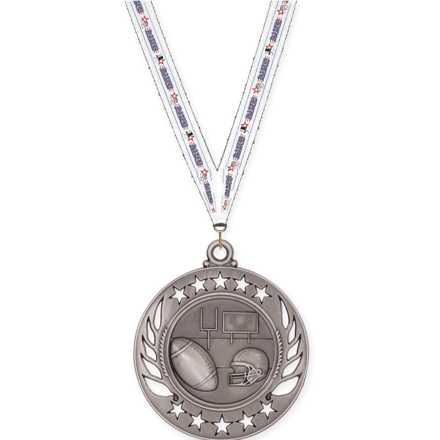 2 1/4 inch football Galaxy medal in bright silver with Dance neck ribbon