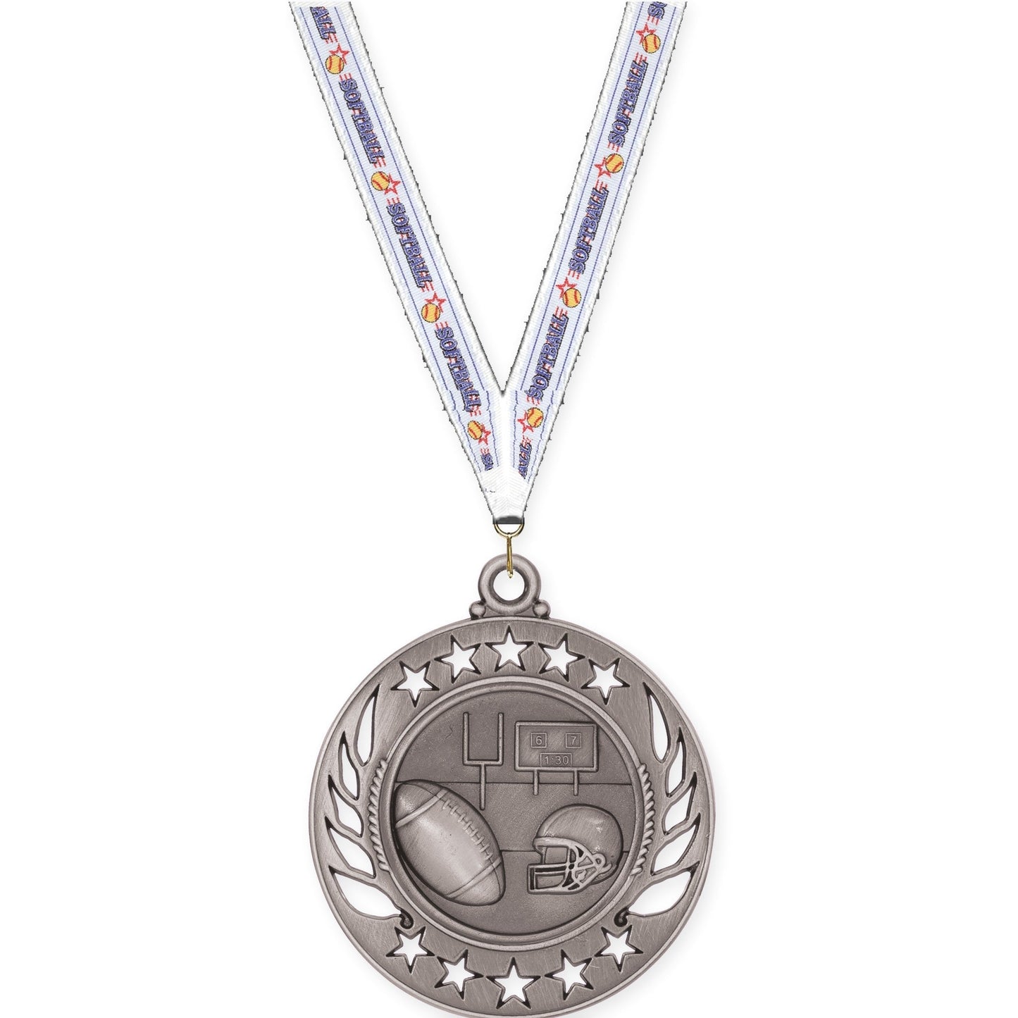 2 1/4 inch football Galaxy medal in bright silver with Softball neck ribbon
