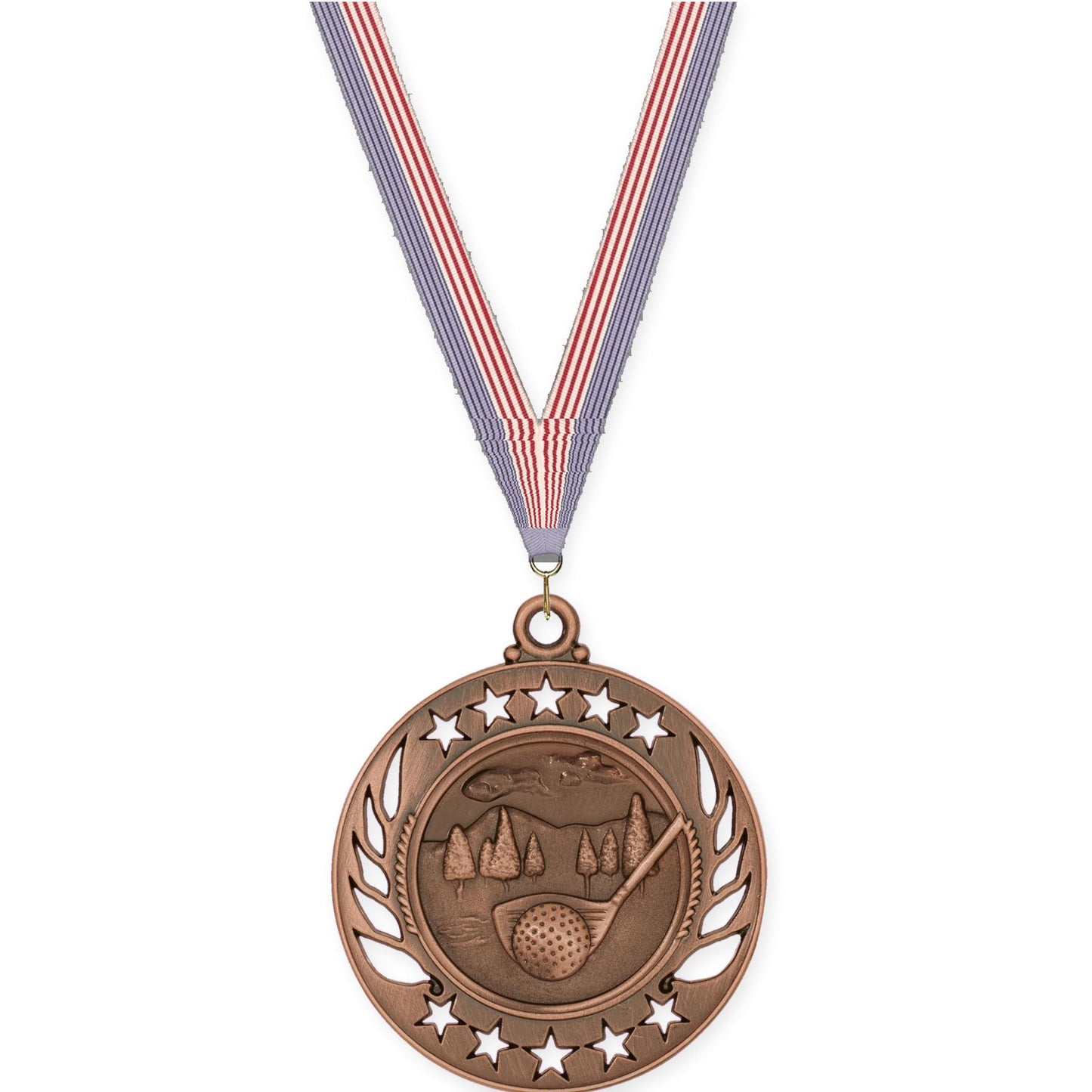 2 1/4 inch golf Galaxy medal in antique bronze with USA Flag neck ribbon