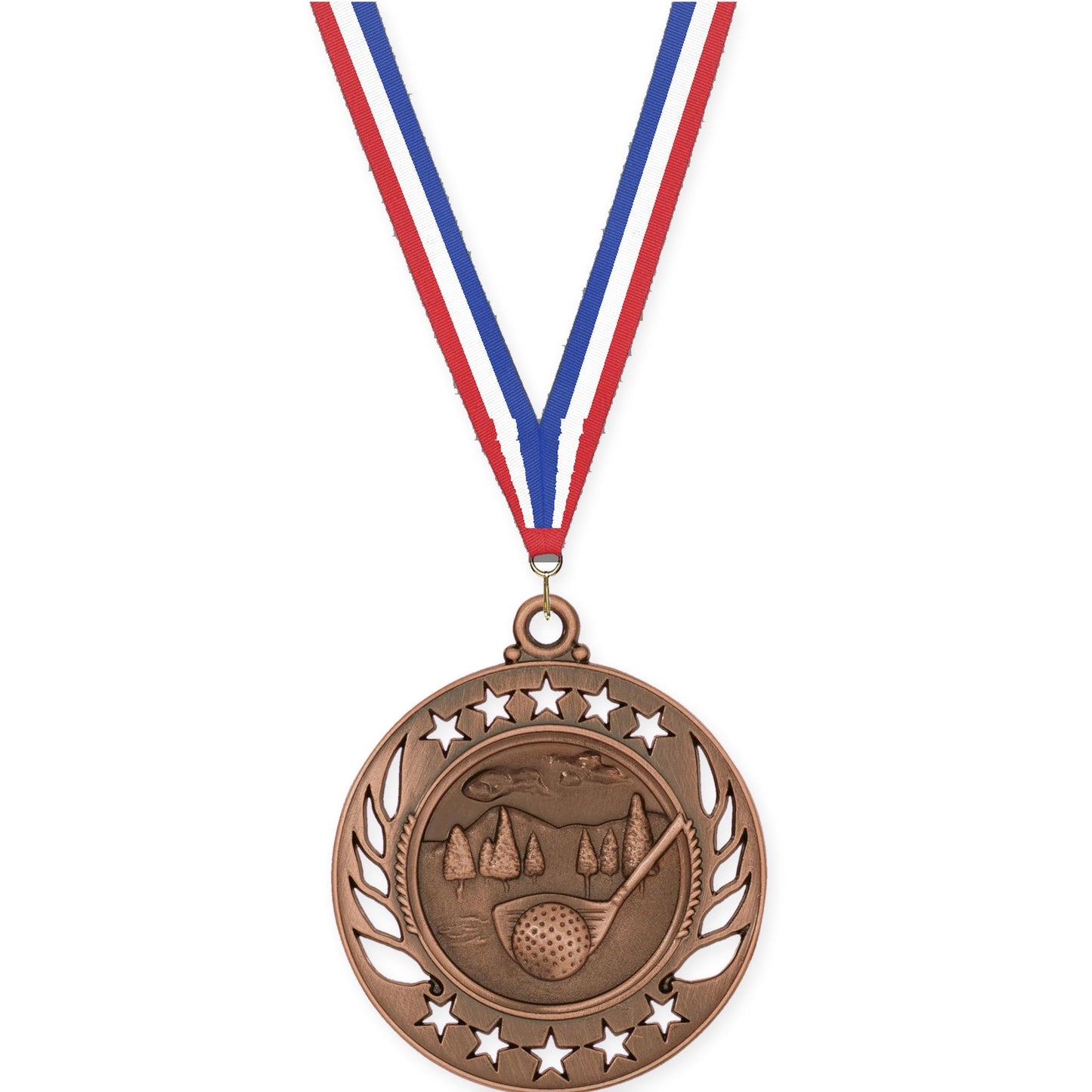 2 1/4 inch golf Galaxy medal in antique bronze with Red White Blue neck ribbon
