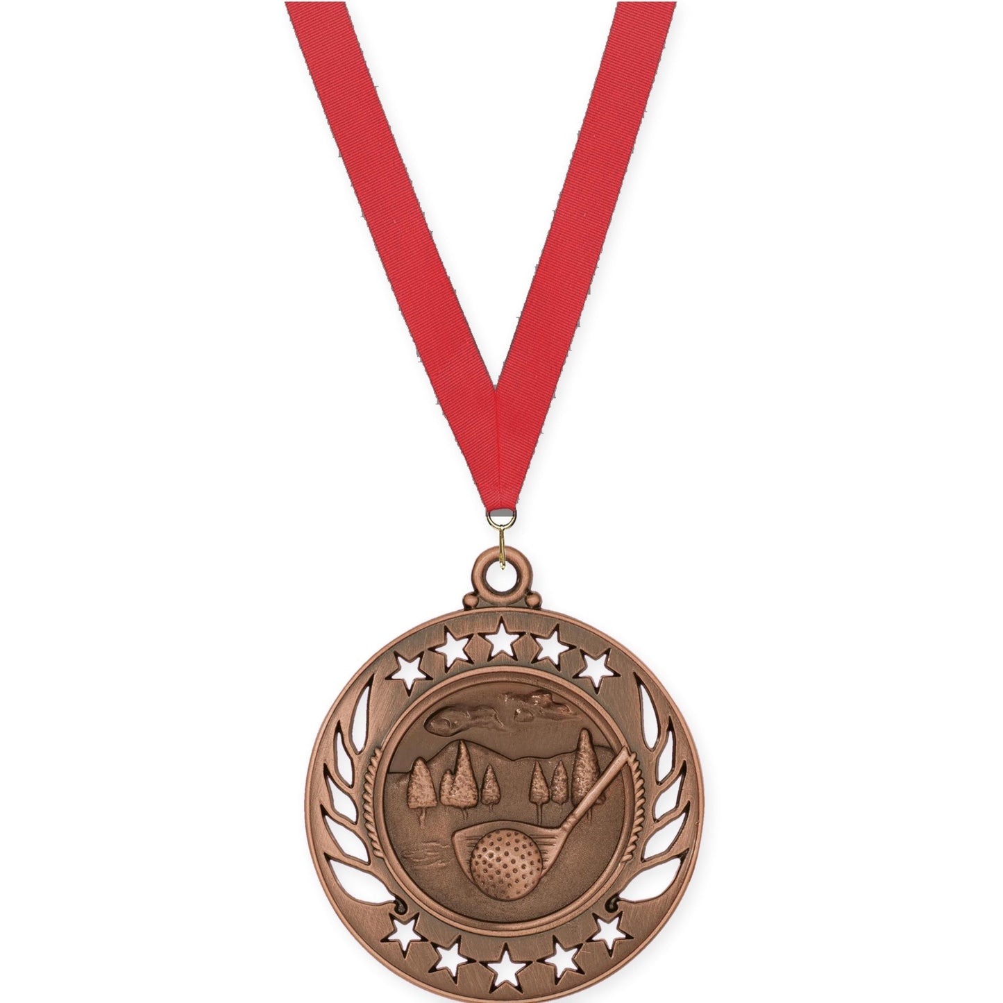 2 1/4 inch golf Galaxy medal in antique bronze with Red neck ribbon