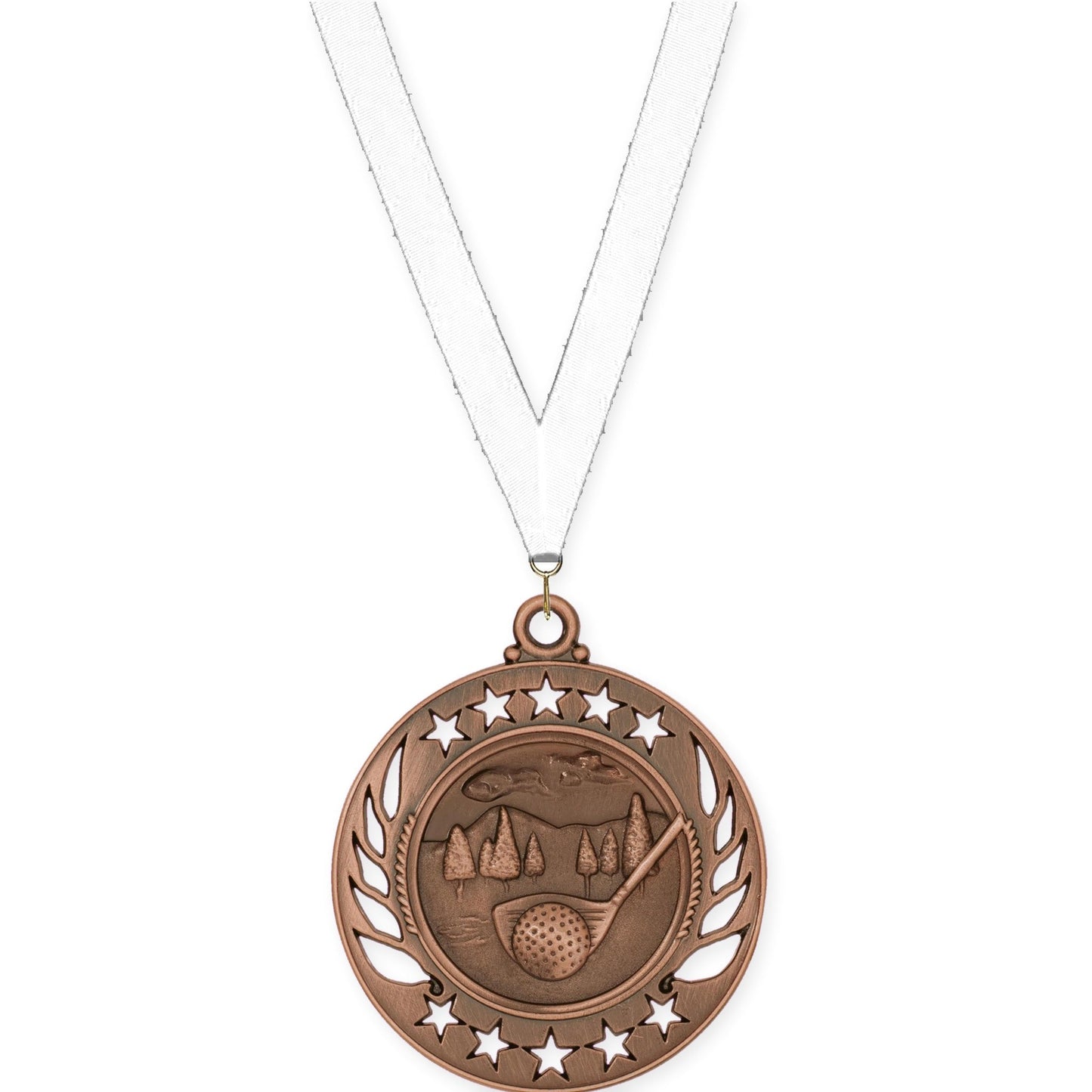 2 1/4 inch golf Galaxy medal in antique bronze with White neck ribbon