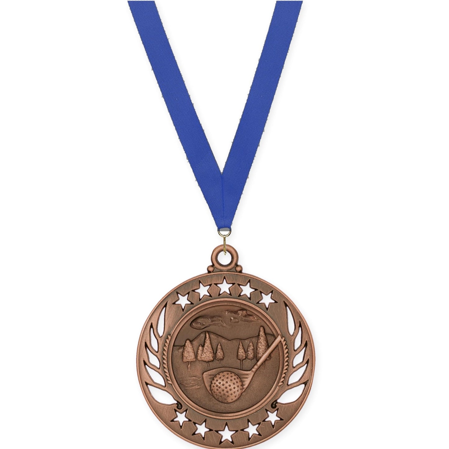 2 1/4 inch golf Galaxy medal in antique bronze with Blue neck ribbon