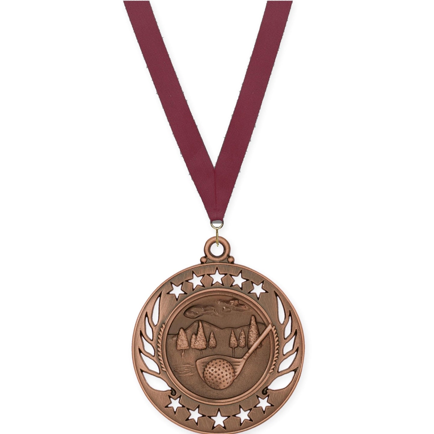2 1/4 inch golf Galaxy medal in antique bronze with Maroon neck ribbon