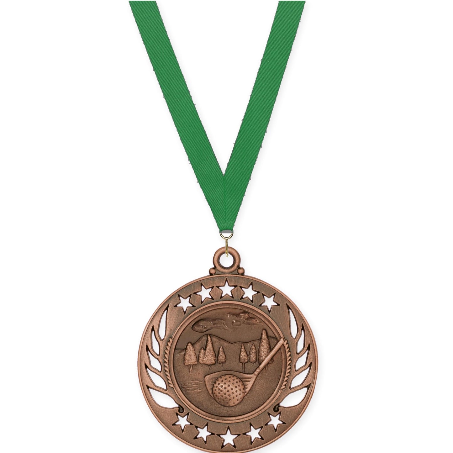 2 1/4 inch golf Galaxy medal in antique bronze with Green neck ribbon