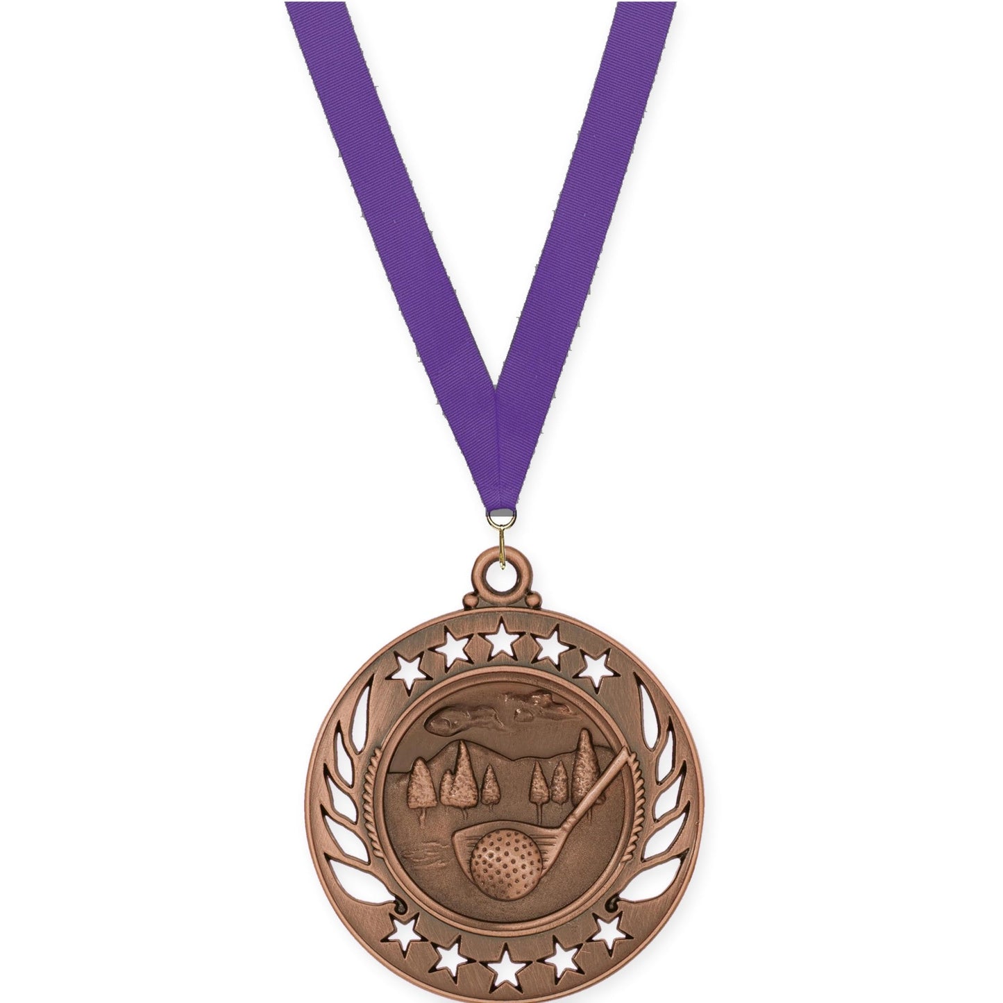 2 1/4 inch golf Galaxy medal in antique bronze with Purple neck ribbon