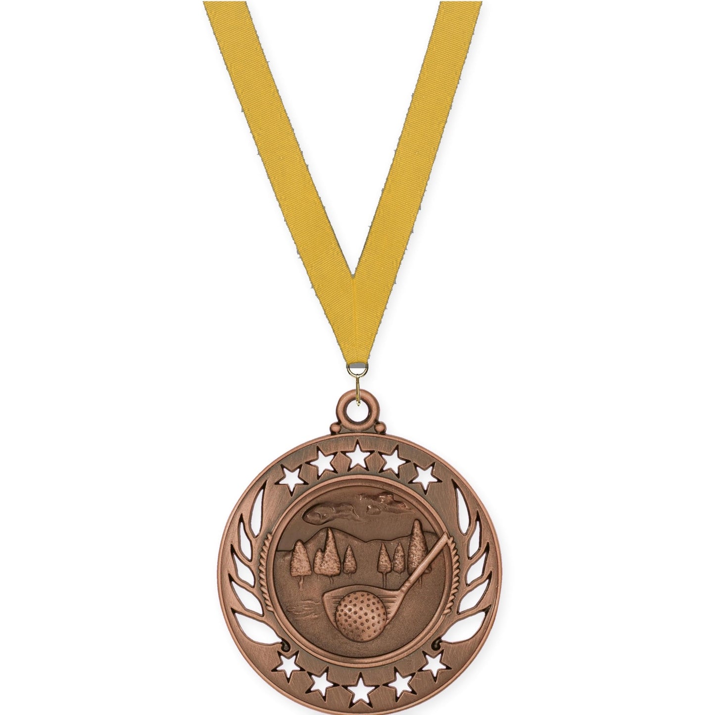2 1/4 inch golf Galaxy medal in antique bronze with Gold neck ribbon