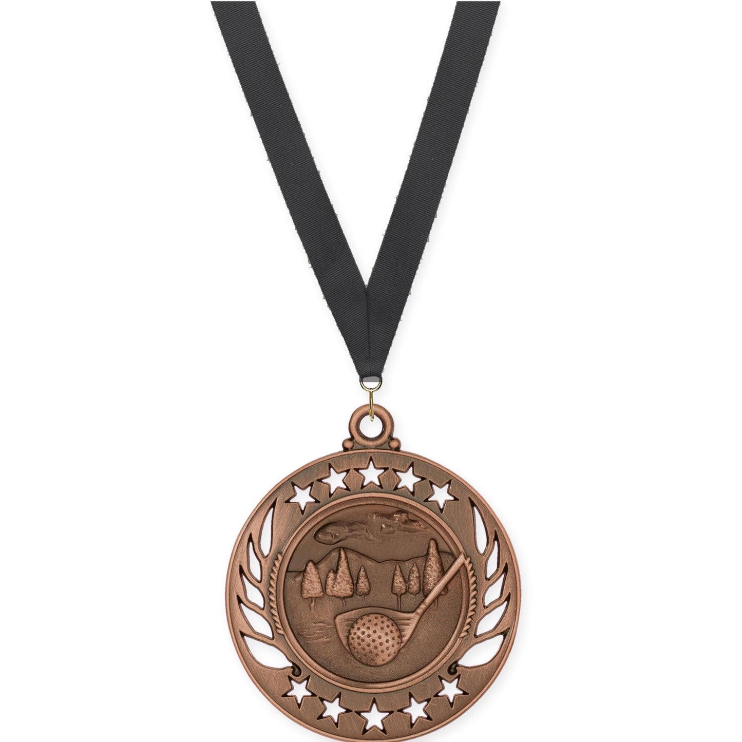 2 1/4 inch golf Galaxy medal in antique bronze with Black neck ribbon