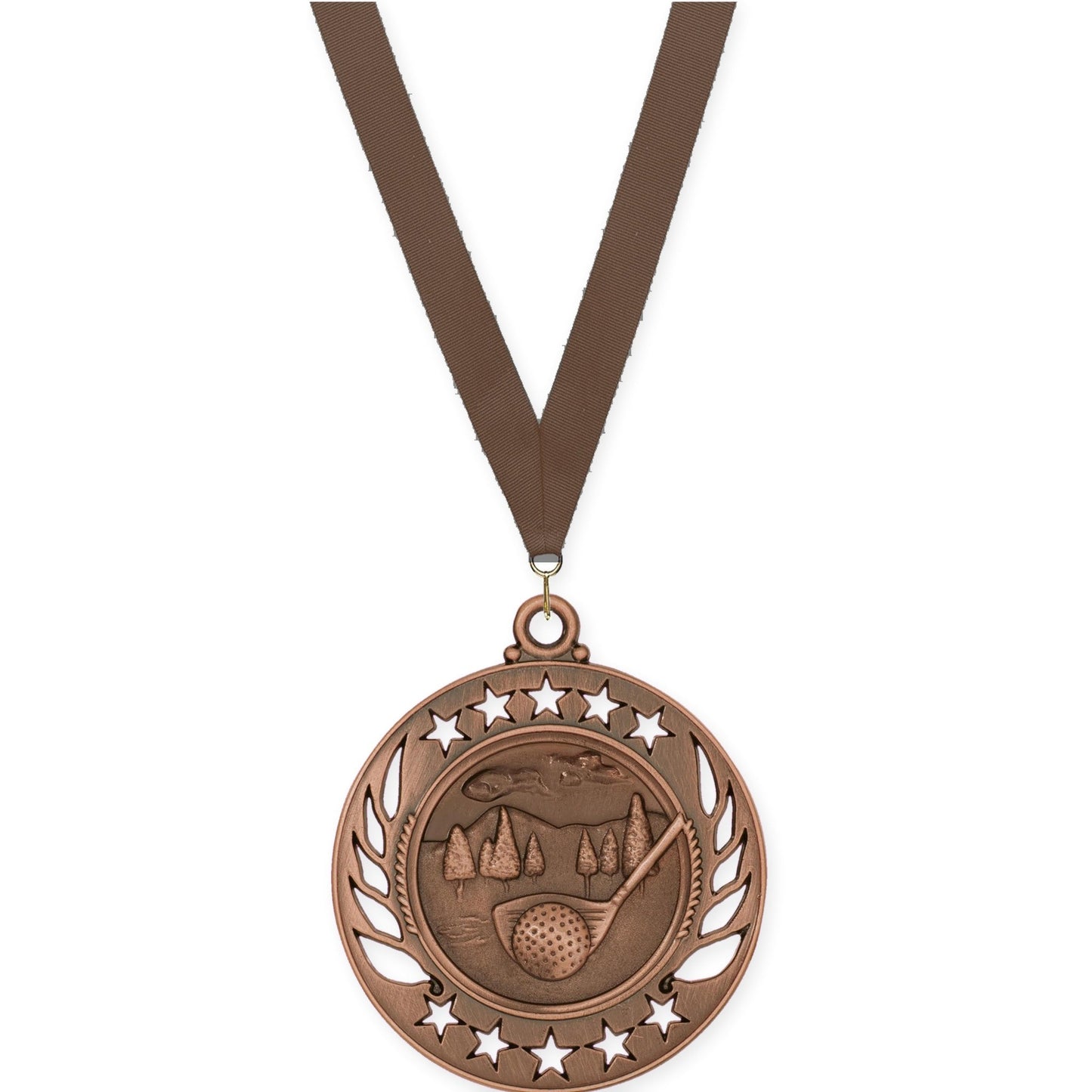 2 1/4 inch golf Galaxy medal in antique bronze with Brown neck ribbon