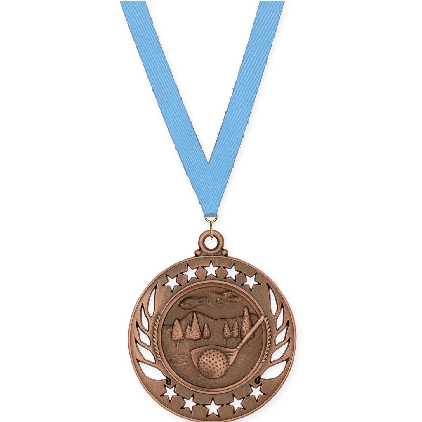 2 1/4 inch golf Galaxy medal in antique bronze with Light Blue neck ribbon