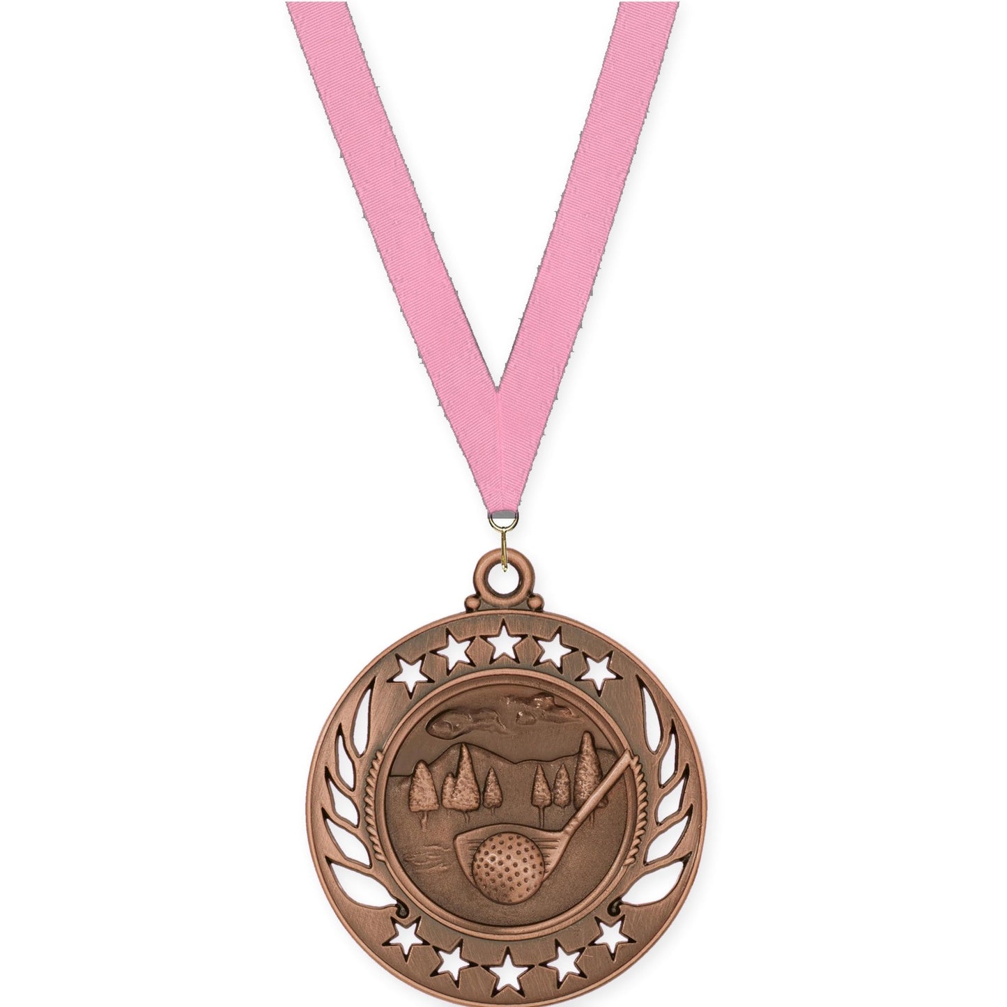 2 1/4 inch golf Galaxy medal in antique bronze with Pink neck ribbon