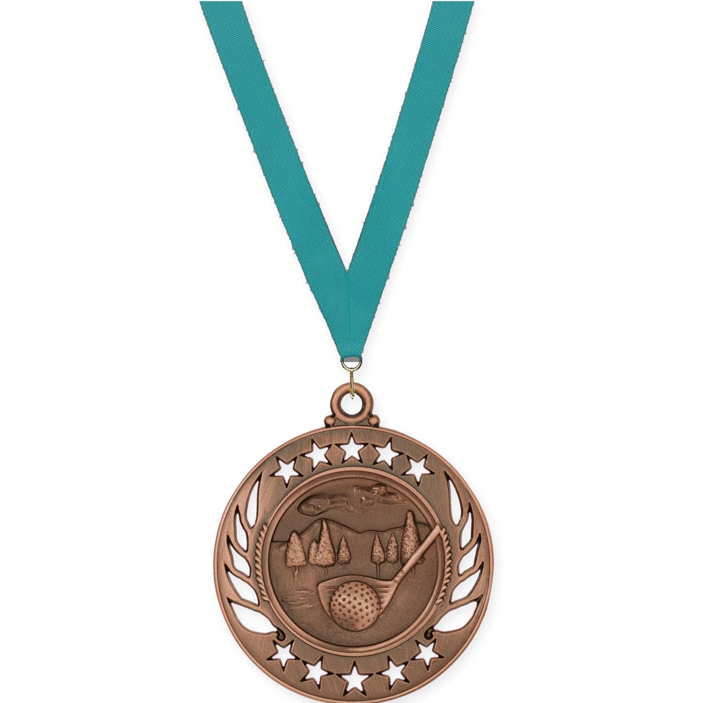 2 1/4 inch golf Galaxy medal in antique bronze with Teal neck ribbon