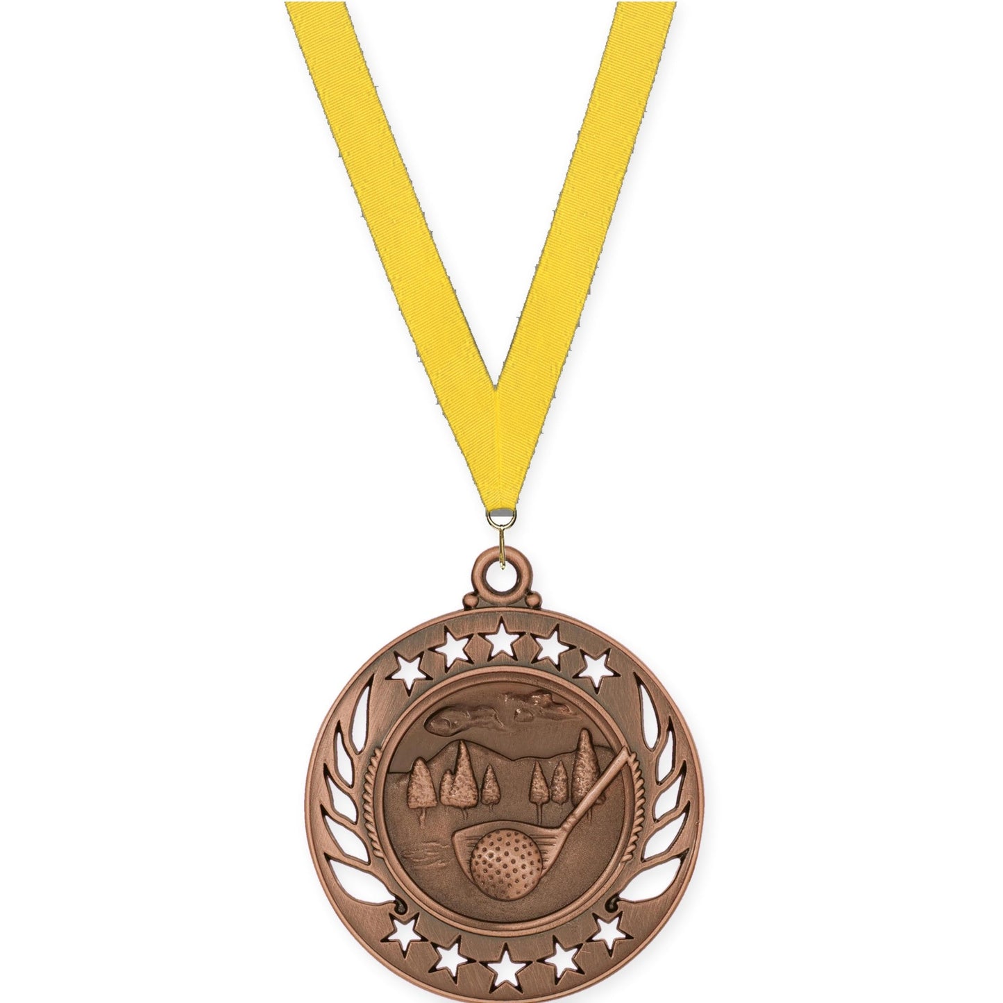 2 1/4 inch golf Galaxy medal in antique bronze with Yellow neck ribbon