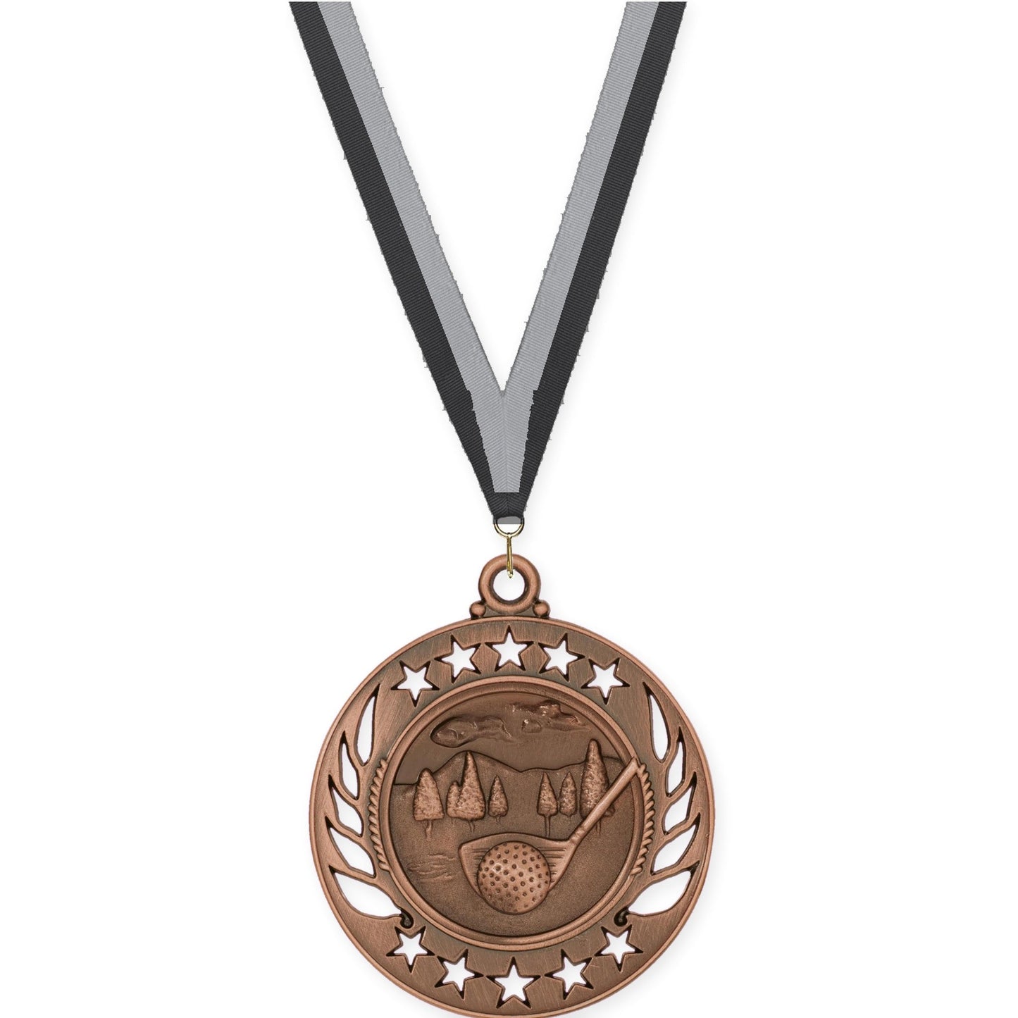 2 1/4 inch golf Galaxy medal in antique bronze with Black Gray neck ribbon