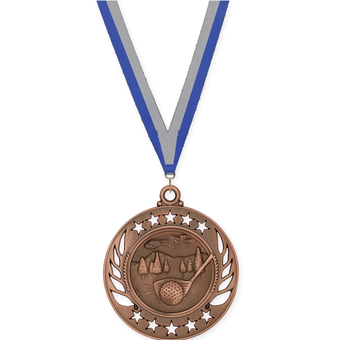 2 1/4 inch golf Galaxy medal in antique bronze with Blue Gray neck ribbon