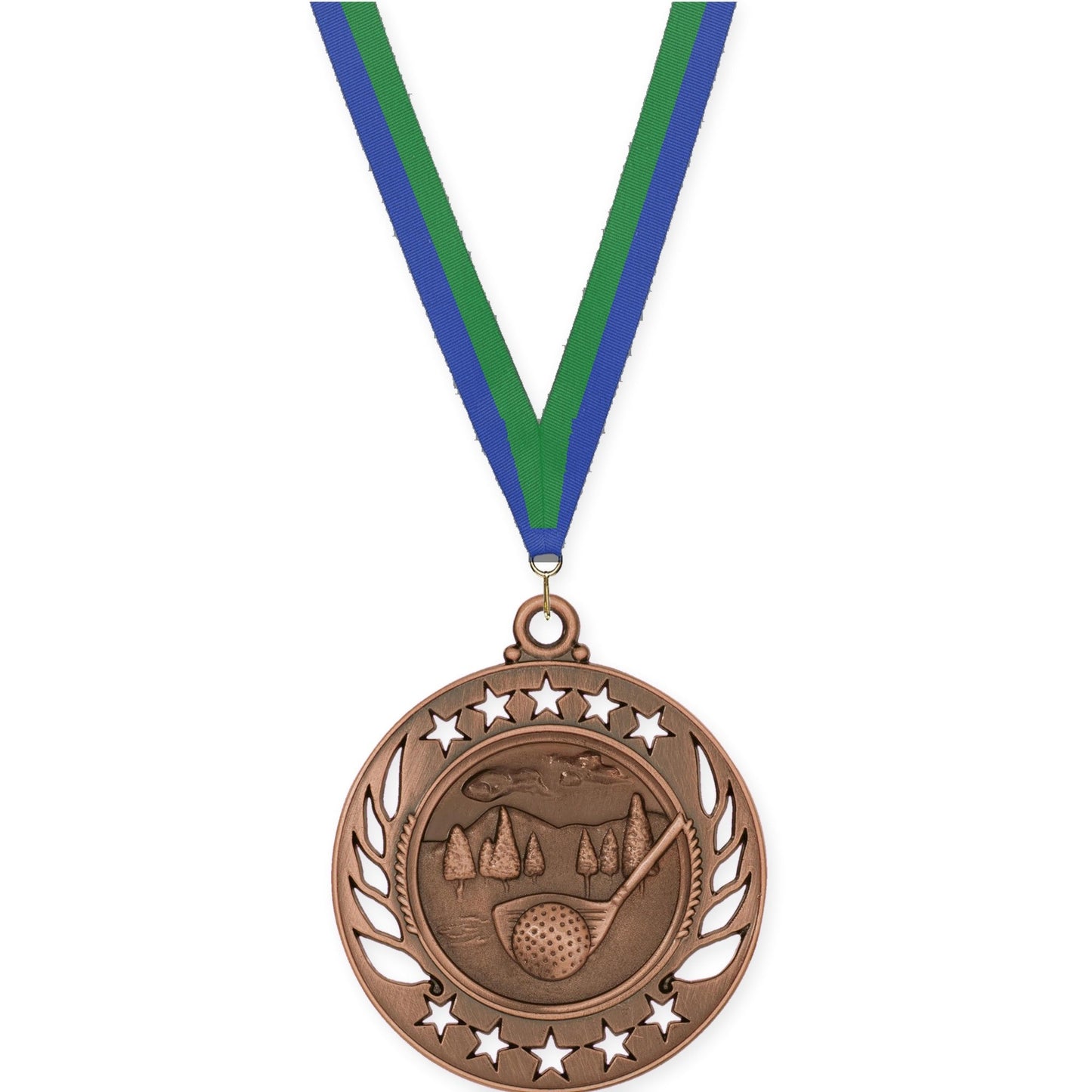 2 1/4 inch golf Galaxy medal in antique bronze with Blue Green neck ribbon