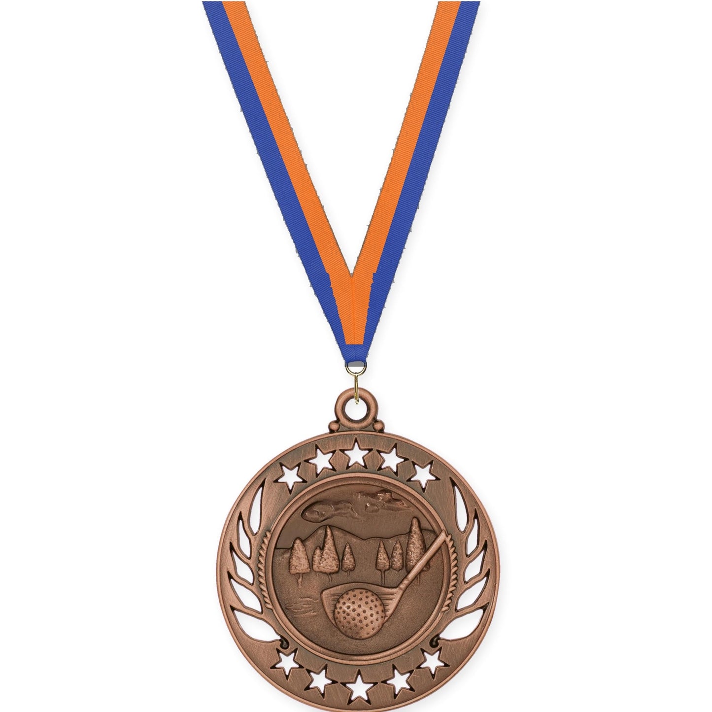 2 1/4 inch golf Galaxy medal in antique bronze with Blue Orange neck ribbon