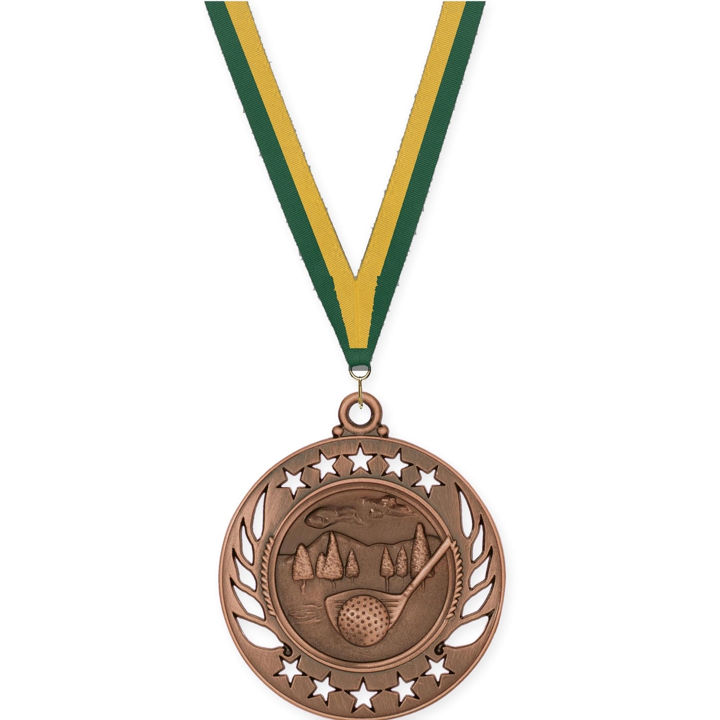 2 1/4 inch golf Galaxy medal in antique bronze with Hunter Green Gold neck ribbon