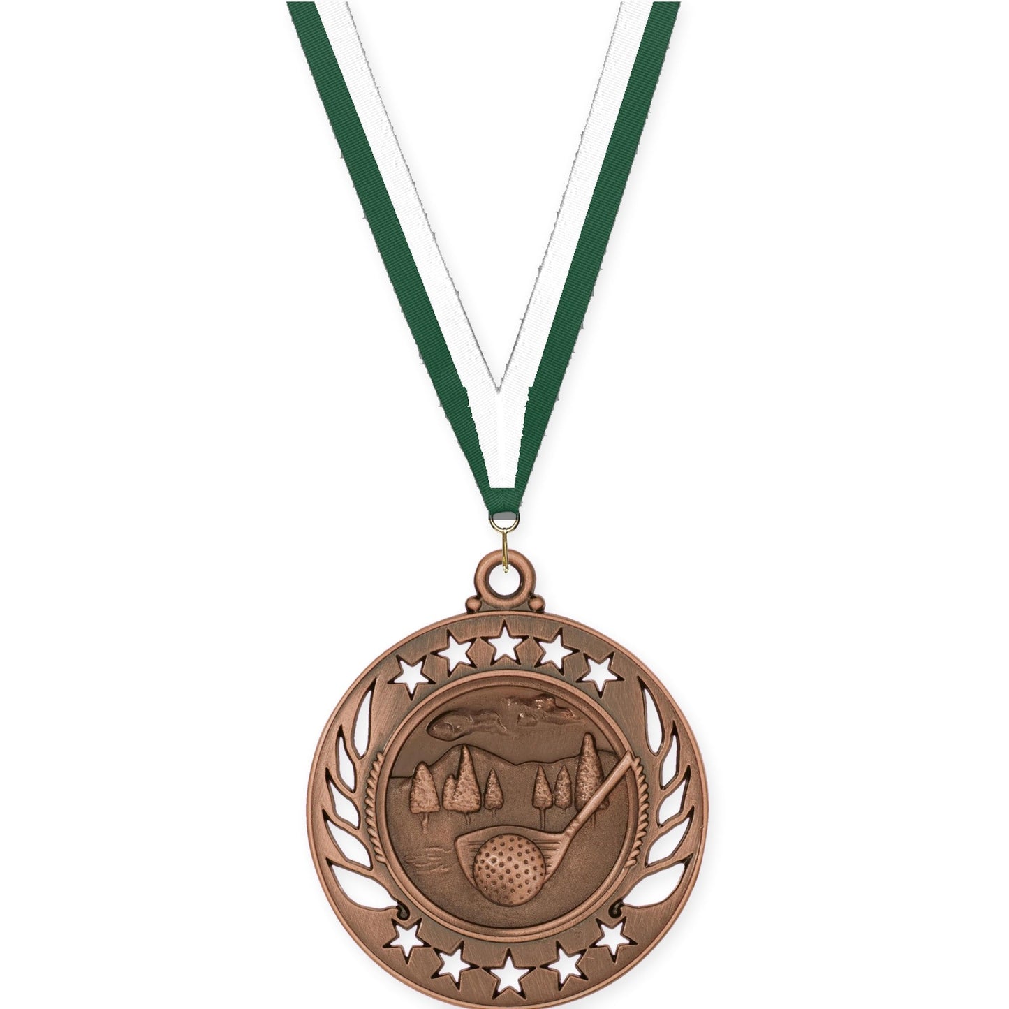 2 1/4 inch golf Galaxy medal in antique bronze with Hunter Green White neck ribbon