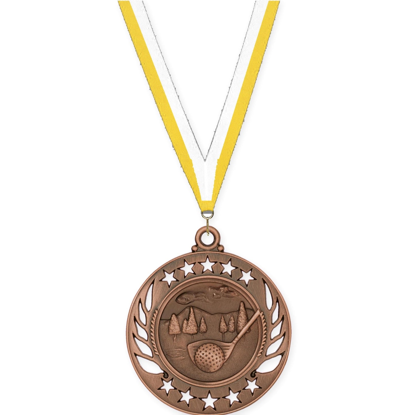 2 1/4 inch golf Galaxy medal in antique bronze with Yellow White neck ribbon