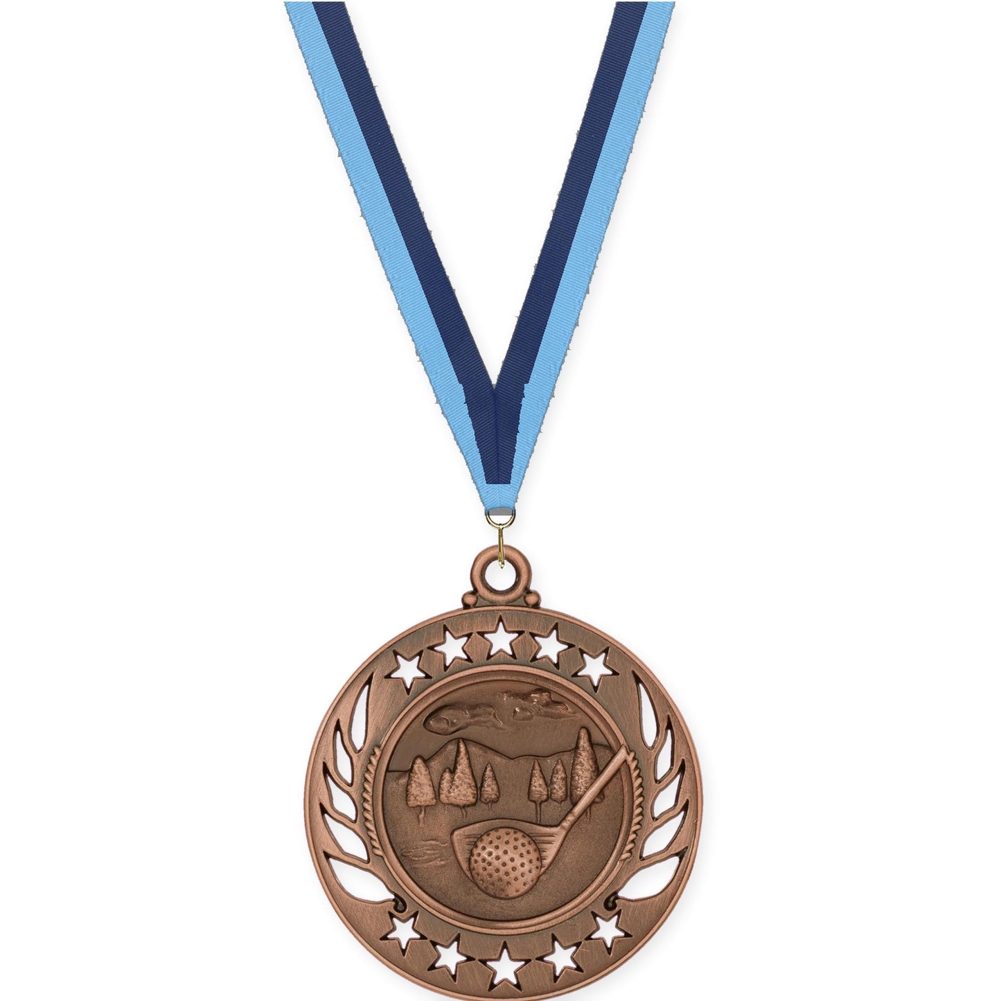 2 1/4 inch golf Galaxy medal in antique bronze with Light Blue Navy neck ribbon