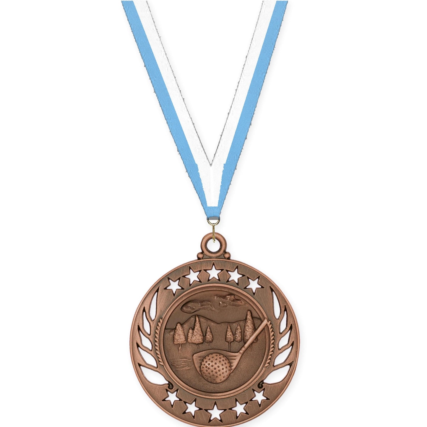 2 1/4 inch golf Galaxy medal in antique bronze with Light Blue White neck ribbon