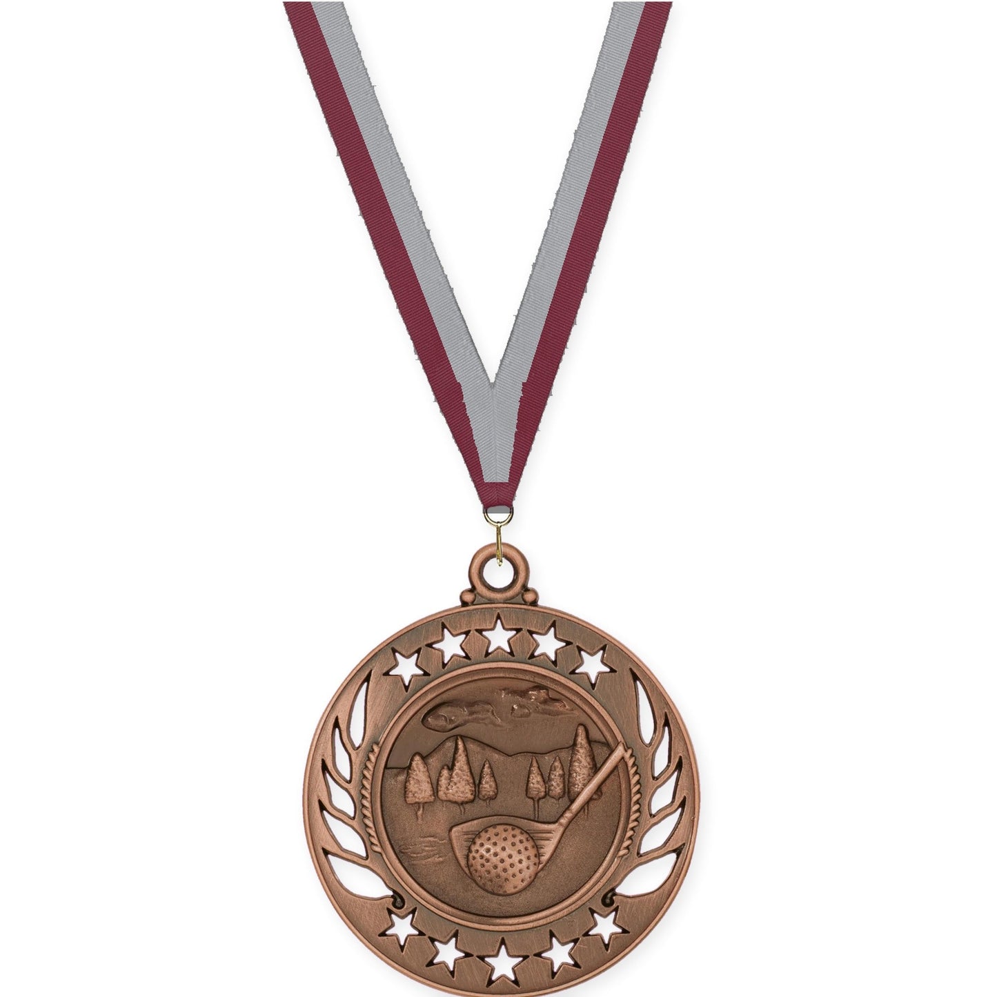 2 1/4 inch golf Galaxy medal in antique bronze with Maroon Gray neck ribbon