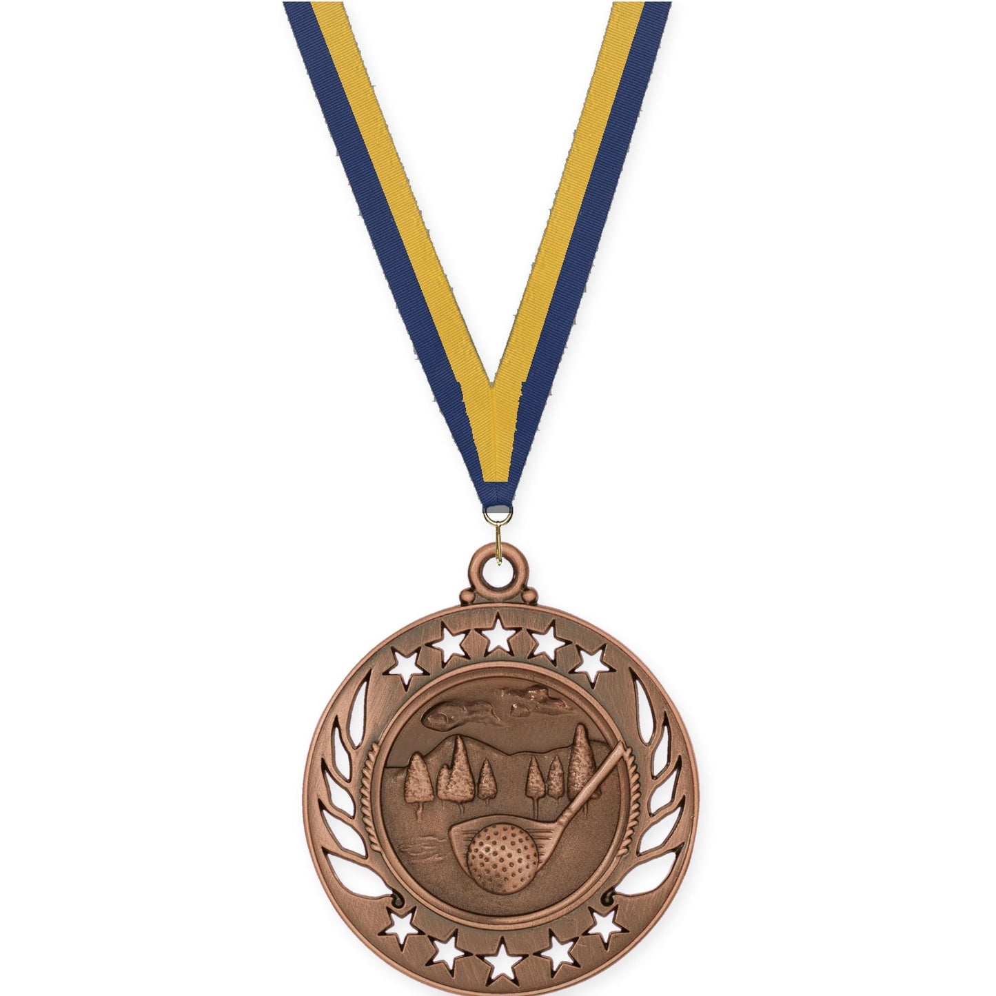 2 1/4 inch golf Galaxy medal in antique bronze with Navy Gold neck ribbon
