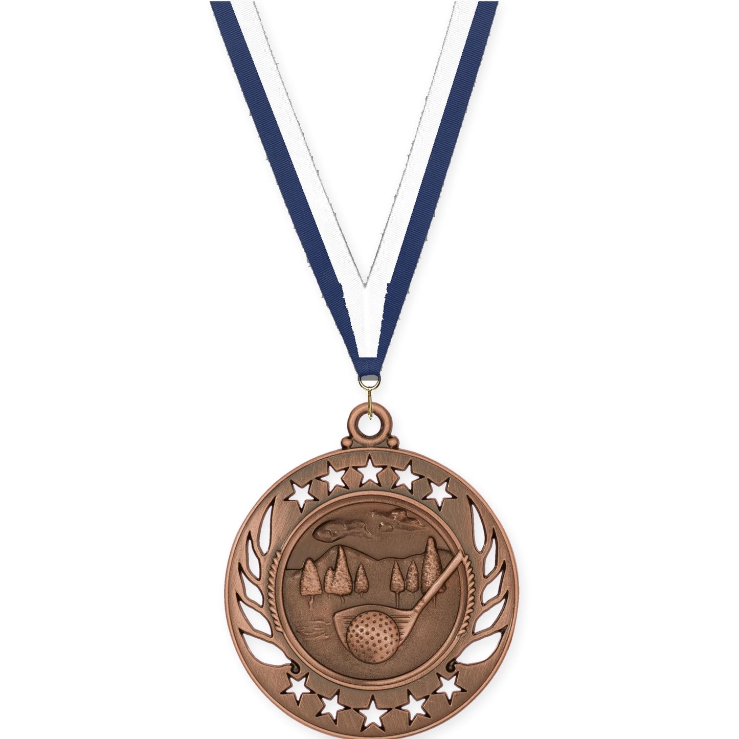 2 1/4 inch golf Galaxy medal in antique bronze with Navy White neck ribbon